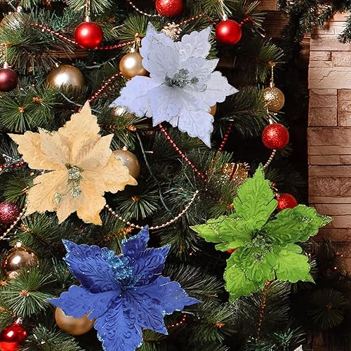 Miniatura 23 de 6 adornos para árbol de Navidad de Pascua con purpurina, flores artificiales de Navidad, accesorios florales con tallo, flores de franela sintética