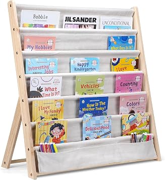 Hggzeg Wooden Bookshelf for Kids, 6 Tier Kids Bookcase Storage Display Rack with Fabric Storage Pockets, Easy Access Magazine Rack, for Childrens Bedroom and Playroom Beige