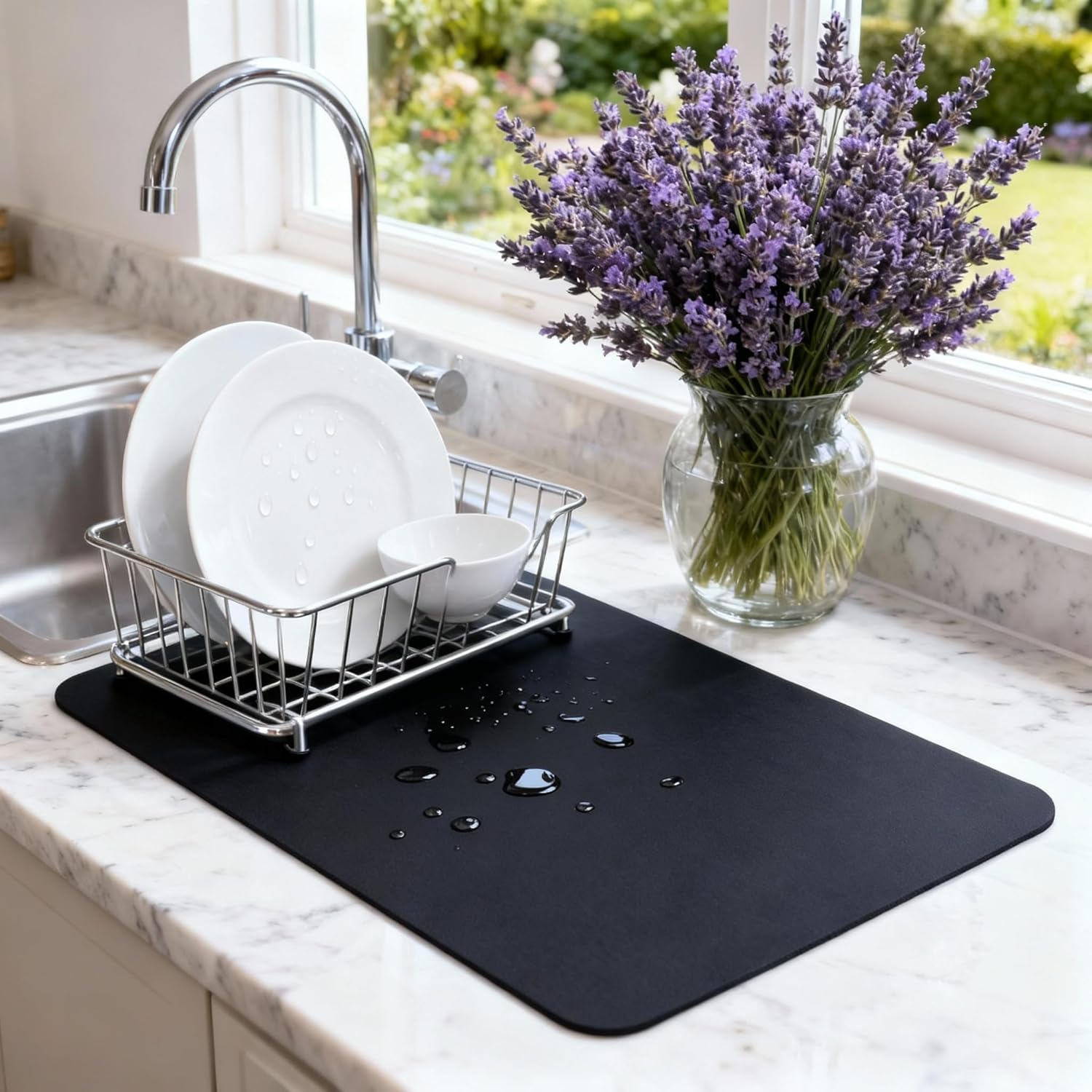 STRABELLA Dish Drying Mat Super Absorbent – 16" x 12" Coffee Mat for Countertops – Non-Slip Drying Mat for Kitchen Counter – Easy to Clean Water Absorbent Mat – Quick Dry Dish Drying Mats (Black)