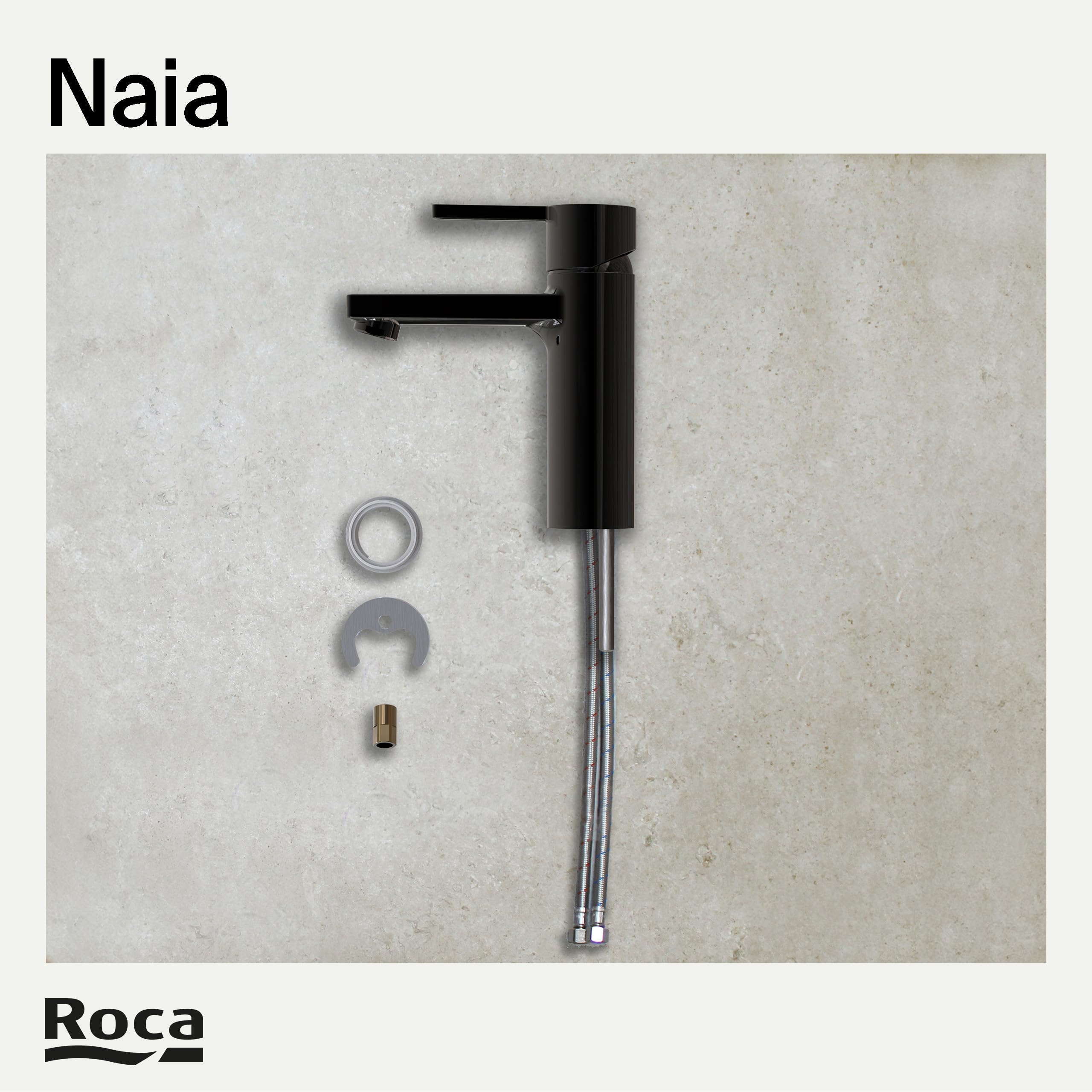 Roca Naia Grifería para lavabo con tecnología Cold Start, grifo monomando de repisa con enlaces de alimentación flexibles, mezclador de cuarto de baño de fácil instalación, negro titanio, A5A3A96CN0