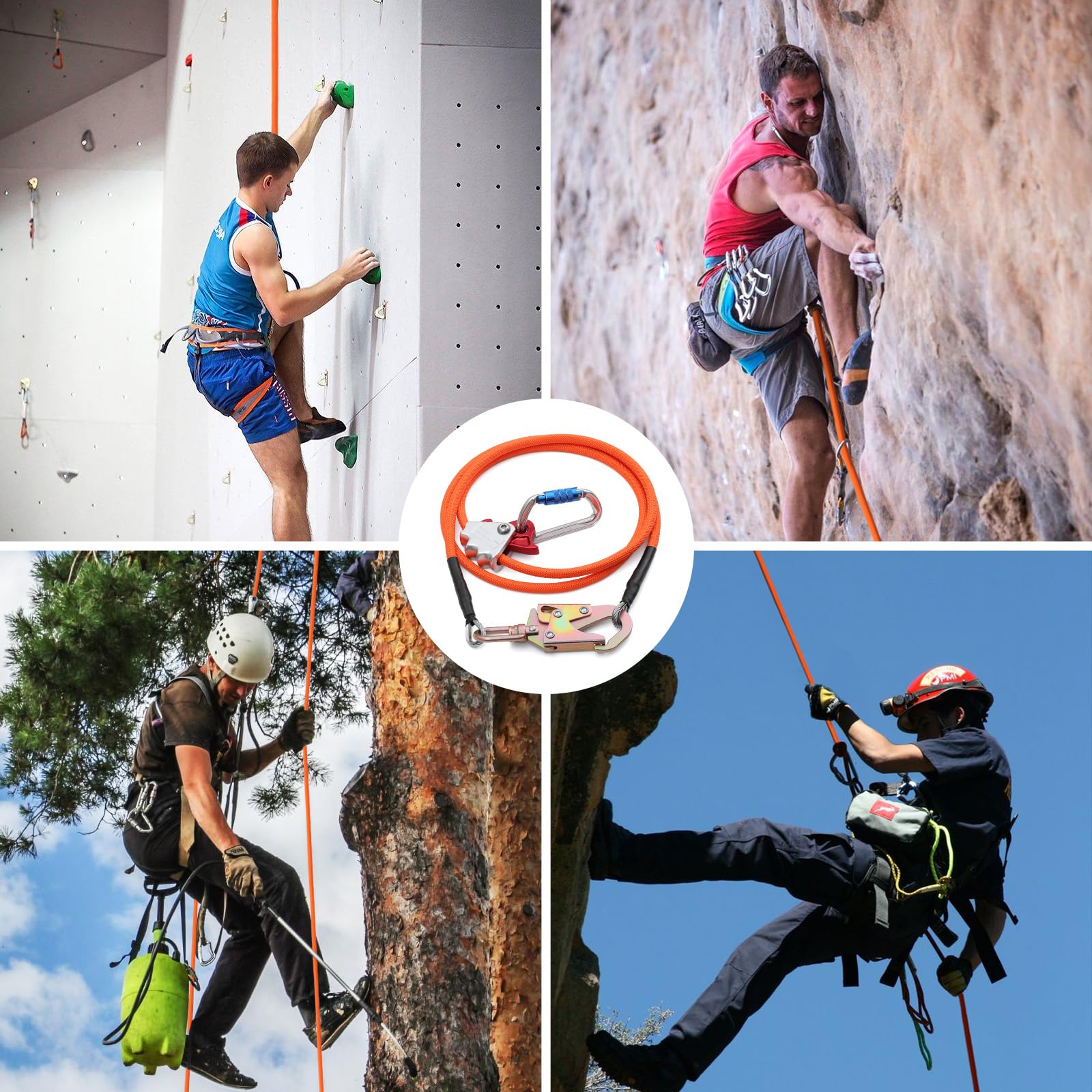 Cuerda de escalada de árbol de 1/2 pulgada x 12 pies con núcleo de acero con mosquetón de triple bloqueo, cierre giratorio de acero para protección contra caídas, mejor agarre, resistente a los