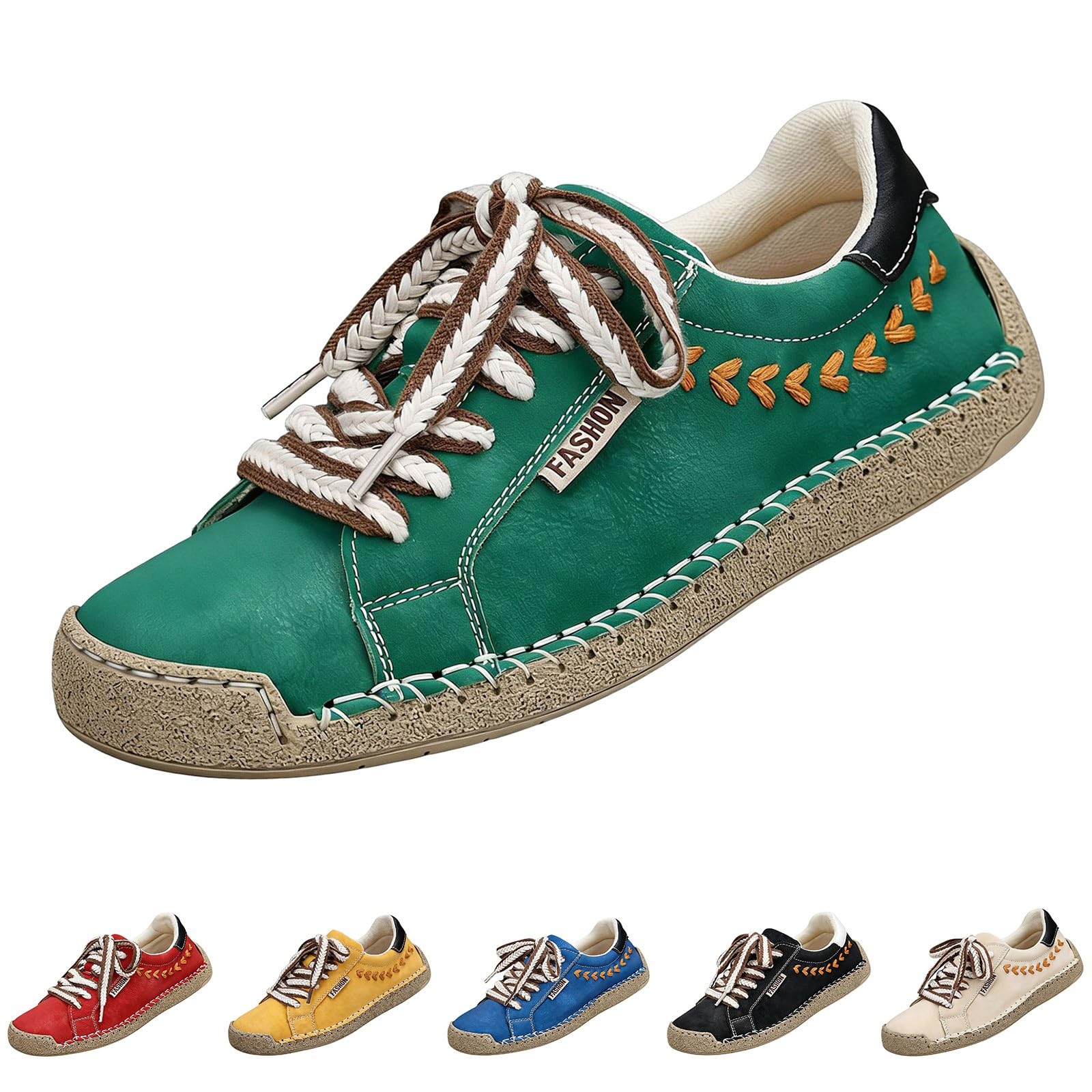 Low-Top-Sneaker für Damen und Herren, flache Stickerei, Schnürschuh, grün | Handgenähte, runde Zehenpartie, breite Passform, rutschfest, Unisex, Freizeit-Sneaker, Wanderschuhe, Urlaub, Büro