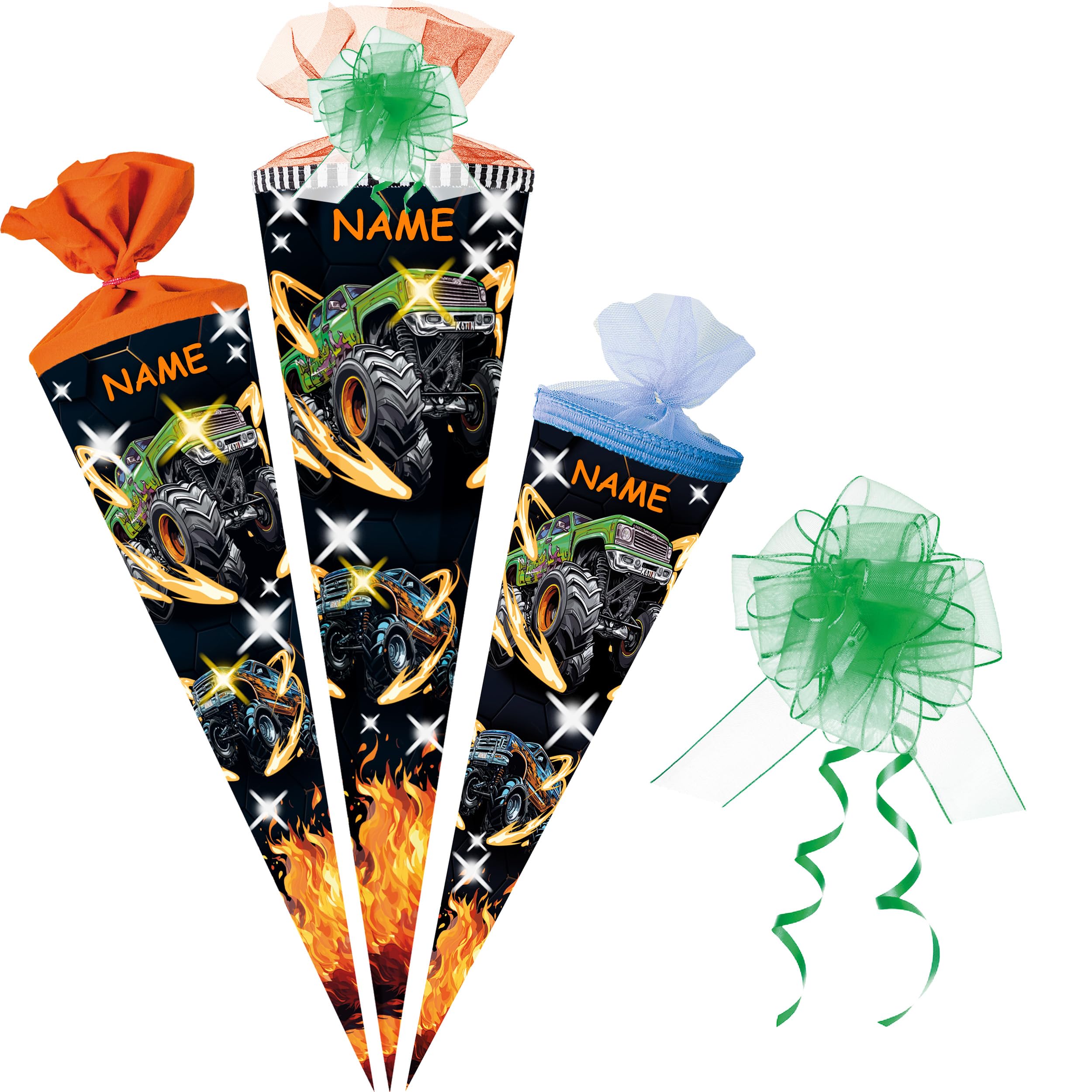 alles-meine.de GmbH Schultüte - mit LED LICHT + 3D Glitzer - Effekt ! - Monstertruck - 35-85 cm - Größe wählbar - Spitze wählbar - inkl. Name + Tüll Schleife - Zuckertüte - Tül..