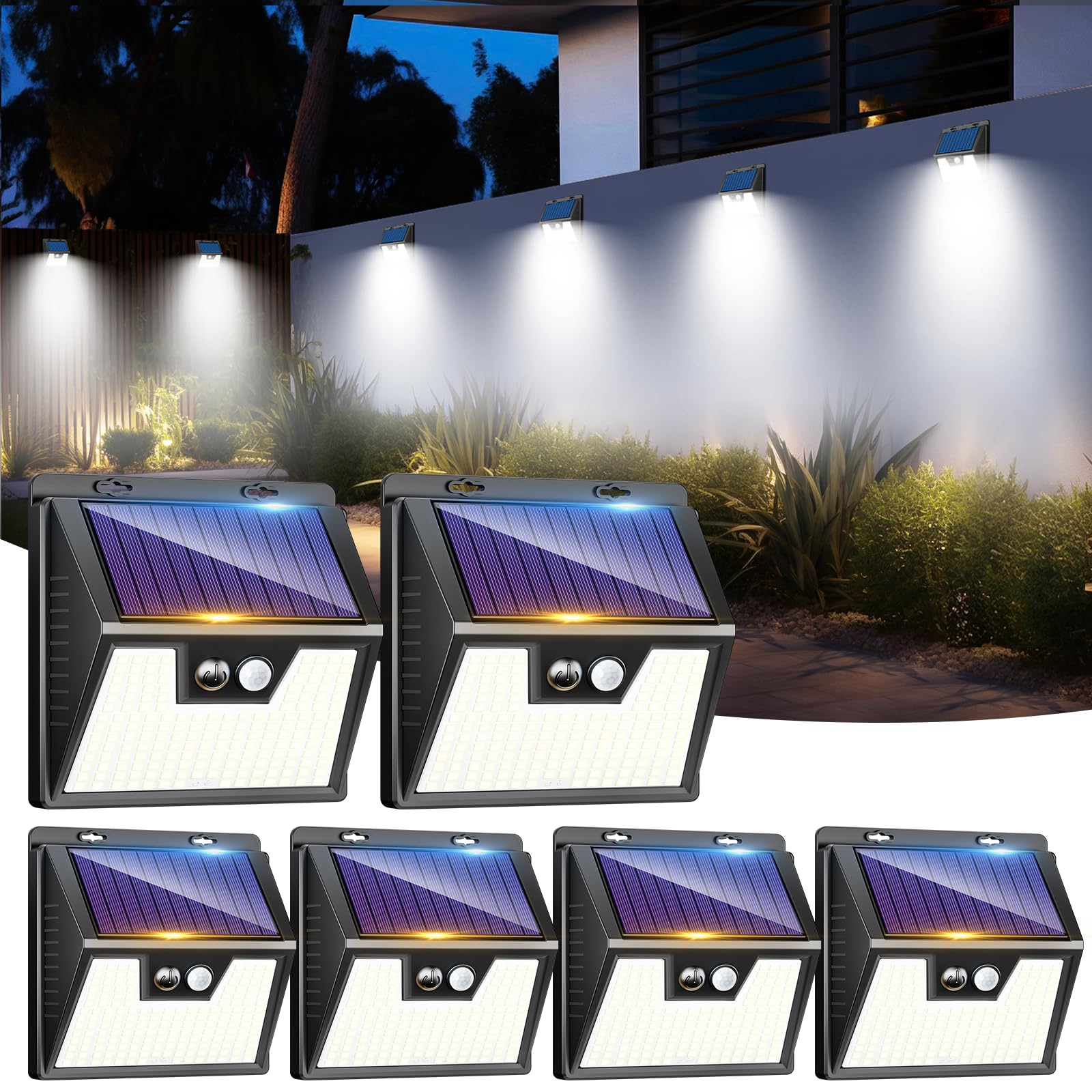 LOTMOS Solar Lights Outdoor Motion Sensor, [ 6 Pack/176LED ] Fence Lights Solar Powered 3 Modes, Waterproof Wireless Solar Wall Security Lights for Garden Patio Garage Deck Yard, Cool White