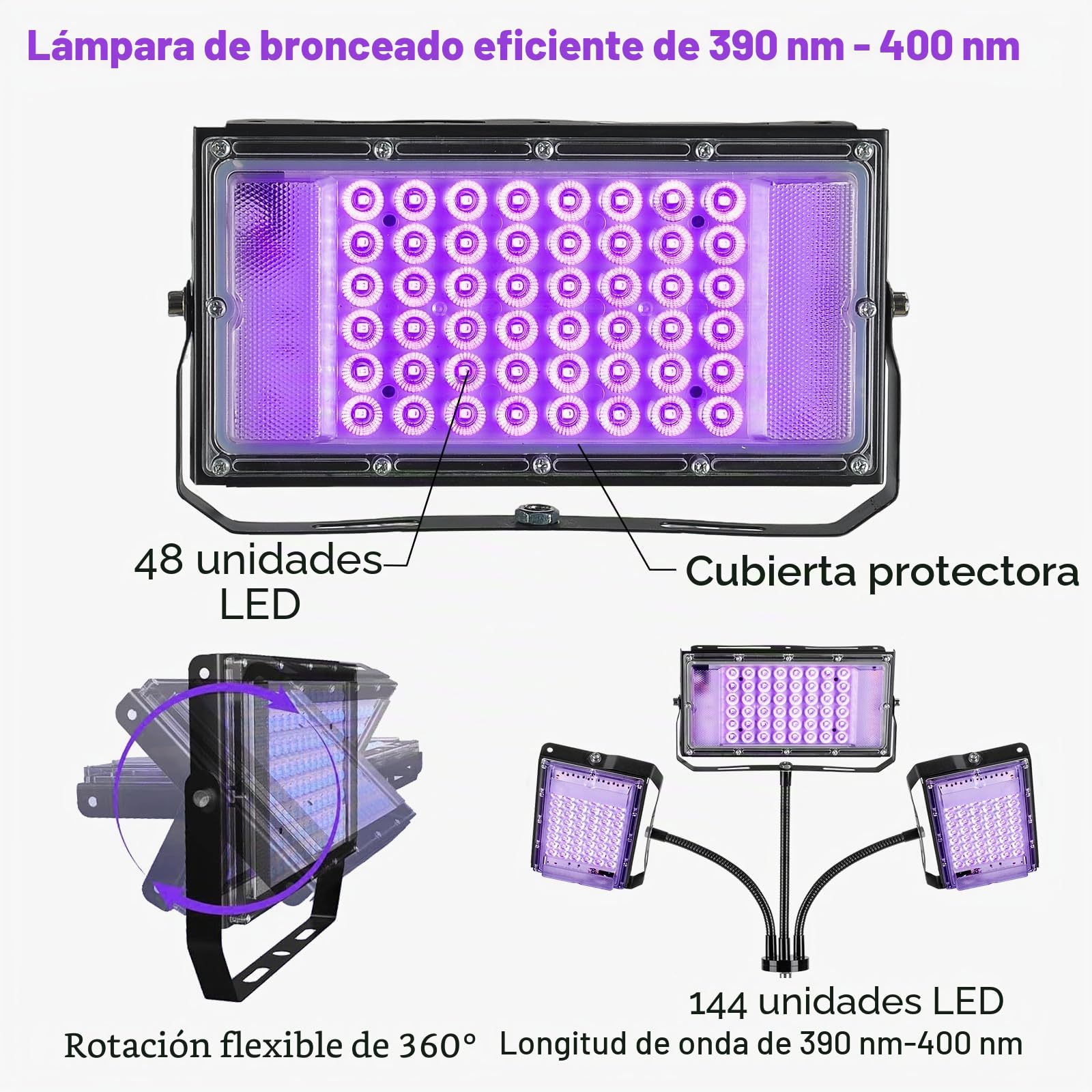 Lámpara de Bronceado Tricéfalo 144LEDs Máquina UV para Rostro y Cuerpo Negro