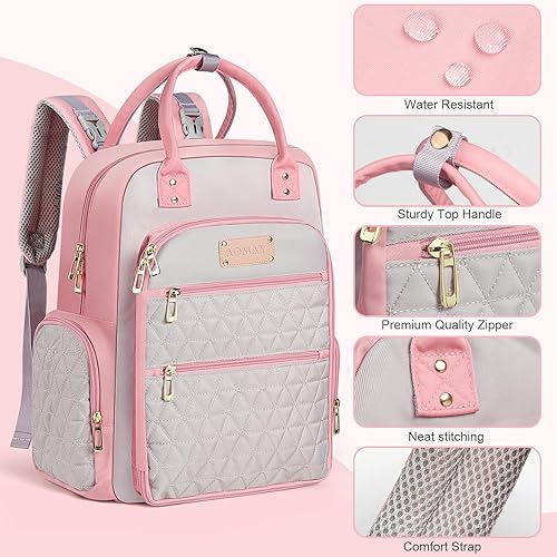 Miniatura 6 de Mochila para pañales - Bolsa de mamá para hospital, mochilas de viaje, gran capacidad, multifuncional, esencial para bebé (rosa), Rosado, Mochila