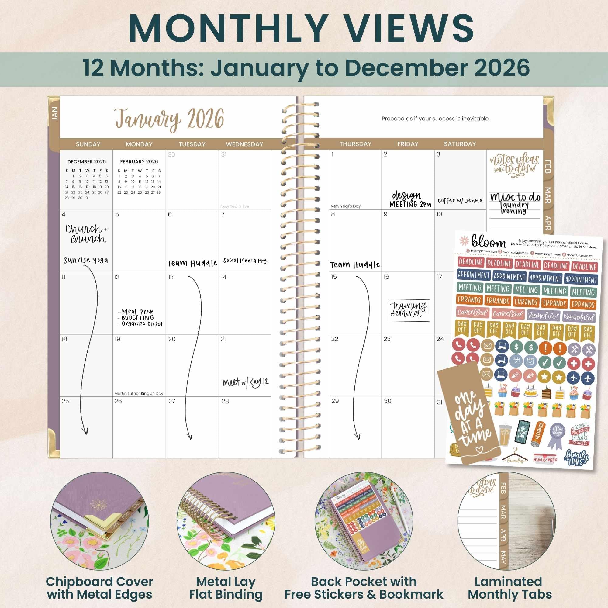 bloom daily planners HARDCOVER Planer 2026 (od stycznia do grudnia) - organizer do celów zadań A5, miesięczny i tygodniowy inspirujący plan, 14 cm x 21 cm, len, fioletowy