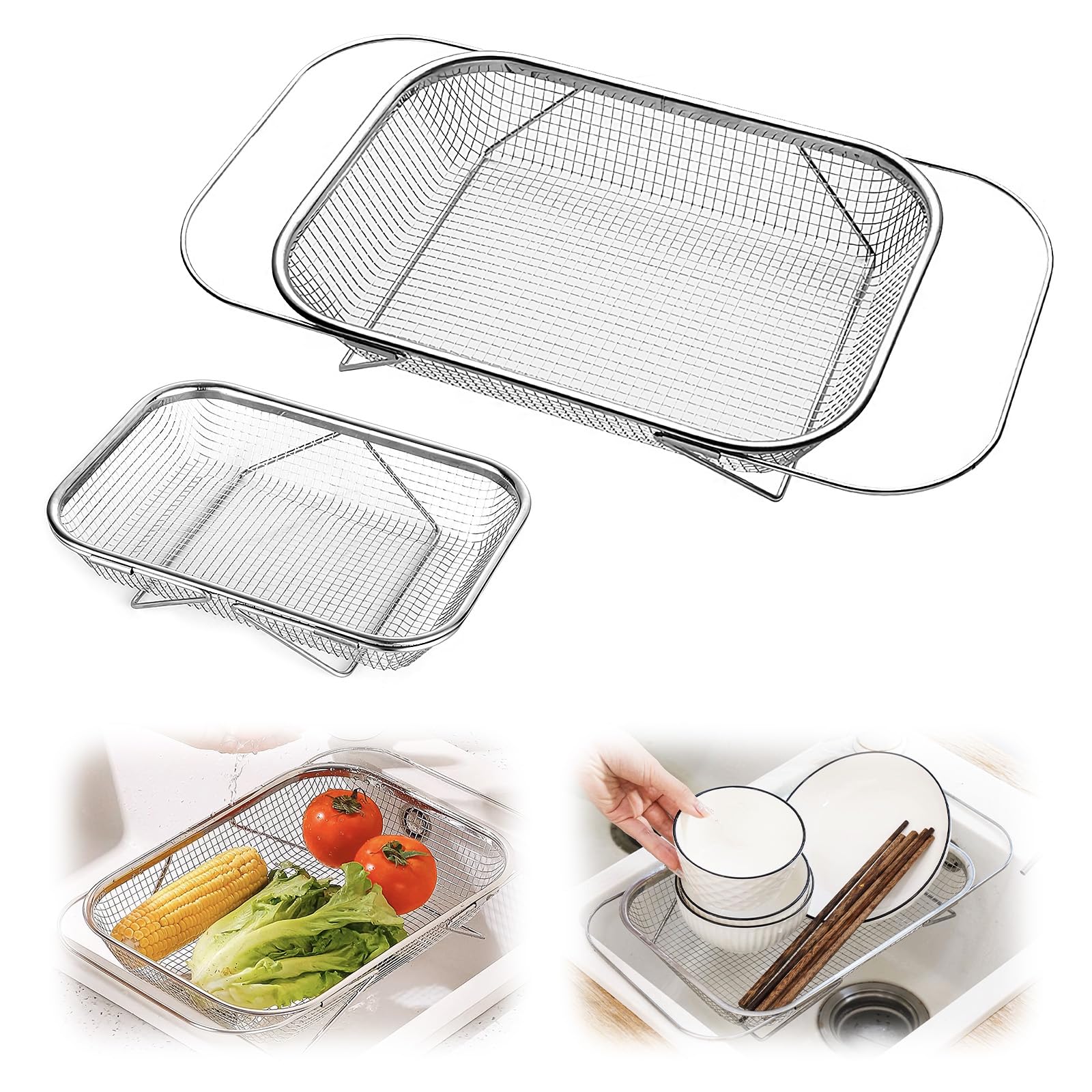 Ulepszenie nad zlewem siatkowy durszlak rozszerzalny sitko kosz na warzywa ze stali nierdzewnej do zlewu kuchennego (45,5 x 24,5 x 8 cm)
