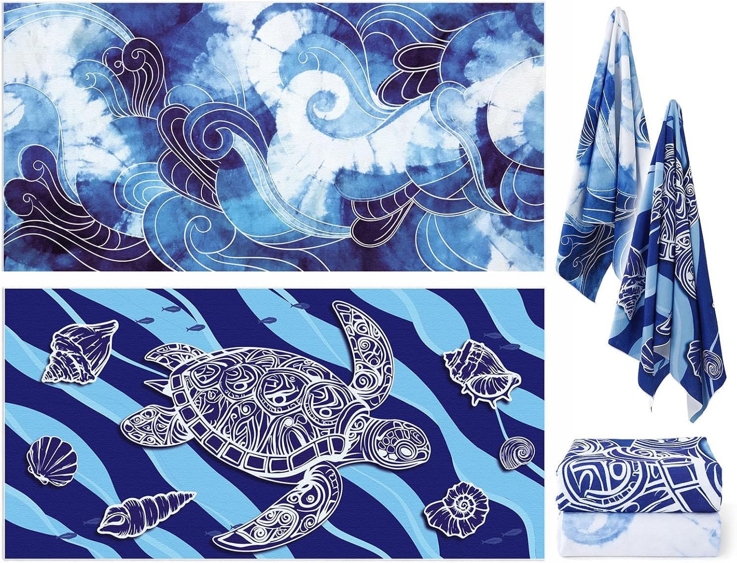 2 Pack Oversized Microfiber Beach Towel Set 71''x36'' Sand Free Quick Dry Super Absorbent, Swim Travel Towels Turtle Wave Pattern Extra Large Oversized Beach Accessories for Adult