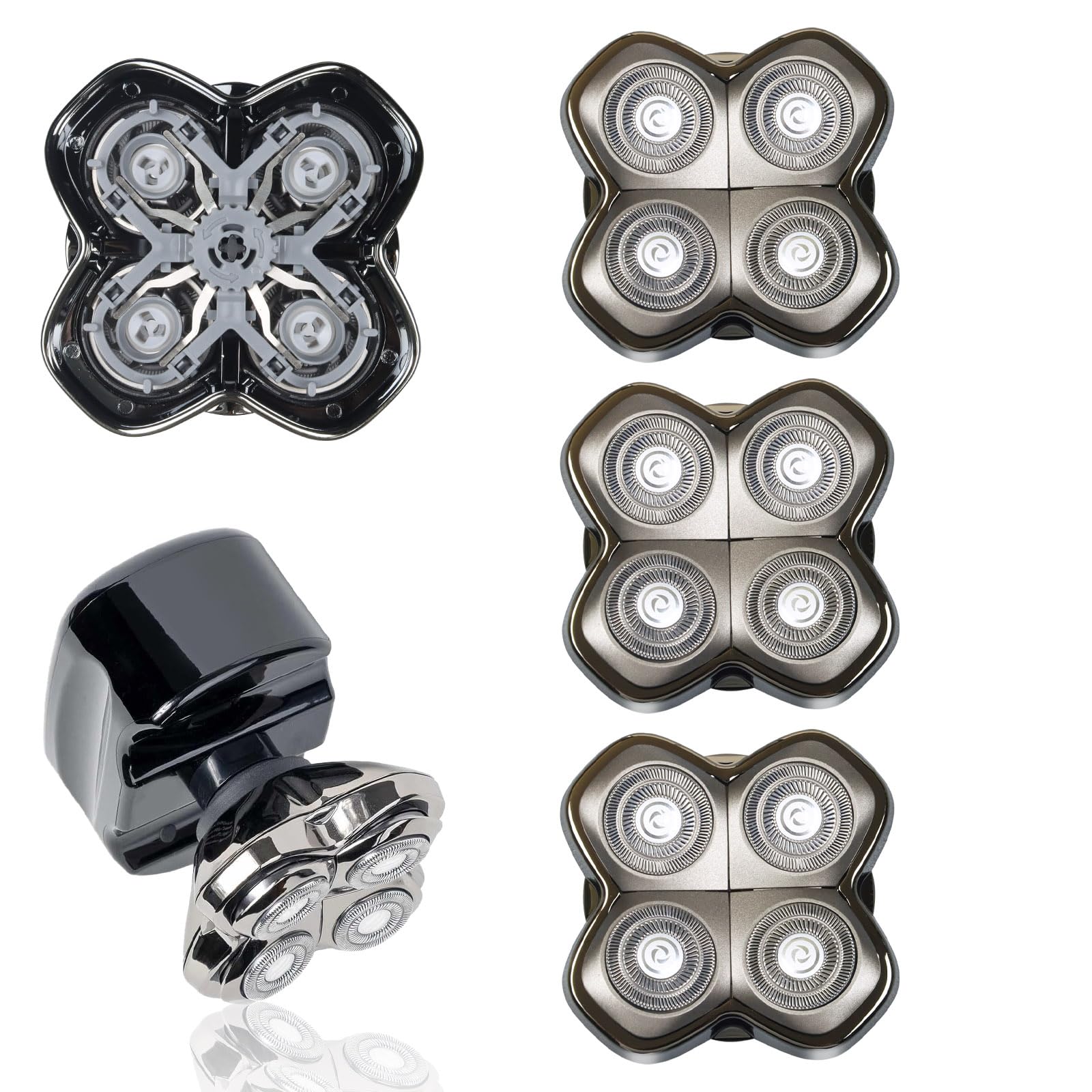 Testa di Ricambio Rotante a 4 Teste per Rasoi Elettrici – Compatibile con Pitbull Skull Shaver, Butterfly Kiss Pro e altri – Teste da Rasatura per Viso e Corpo per Uomini e Donne (Confezione da 3).