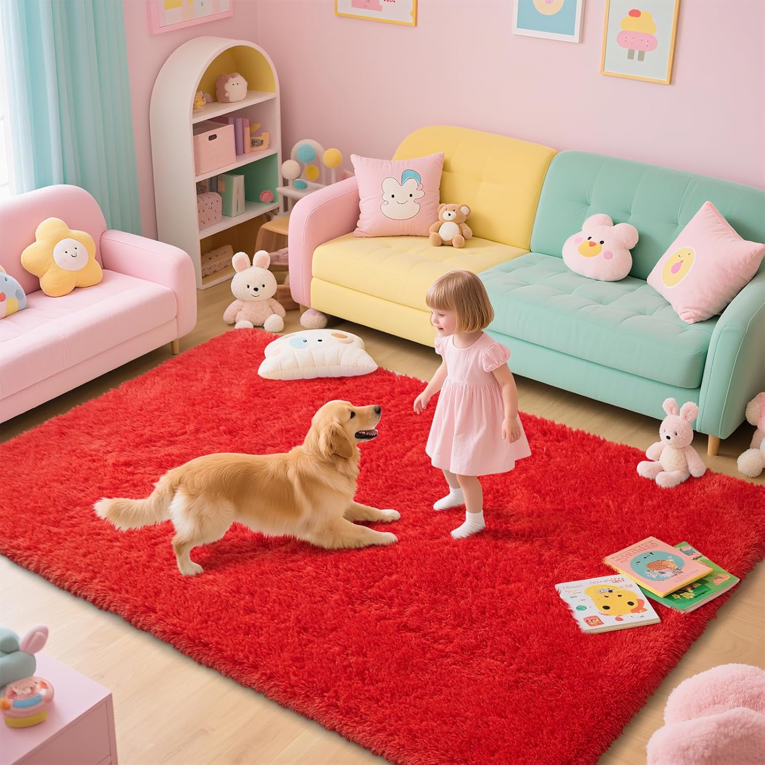 Red Shag Area Rugs for Bedroom Living Room,Ultra Soft Fluffy Christmas Area Rugs 5X8 for Dorm, Indoor Carpet Nursery Rugs for Kids Girls Room Home Decor