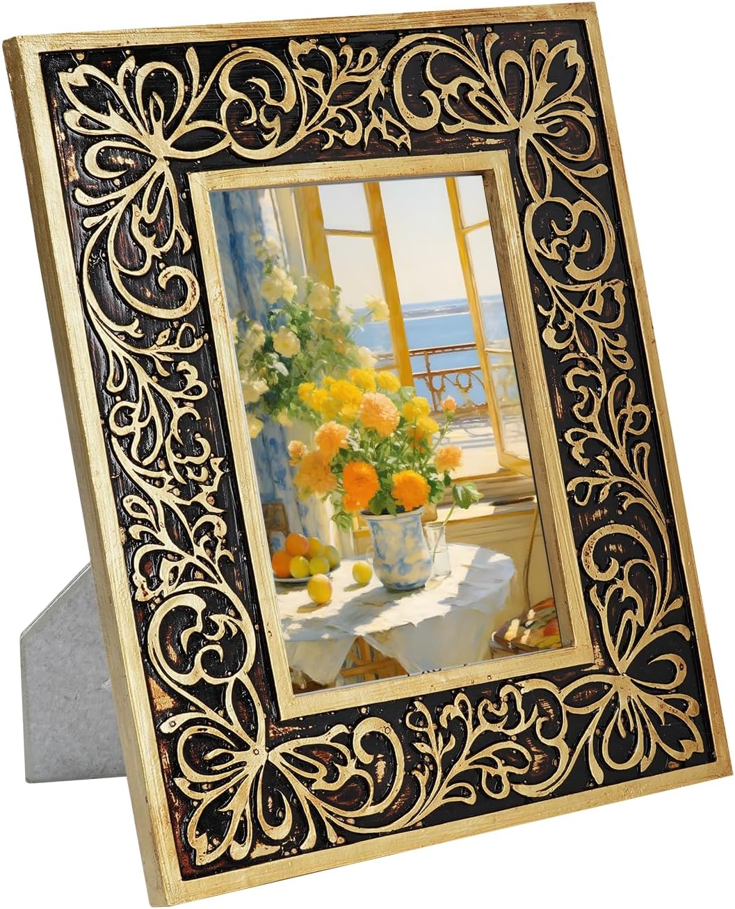 Vintage Picture Frame 5x7, Baroque Black Gold Floral Embossed Photo Frame, Antique Retro Photo Frames for Wall or Tabletop Display, Resin Old-Fashioned Picture Frames for Home Decor