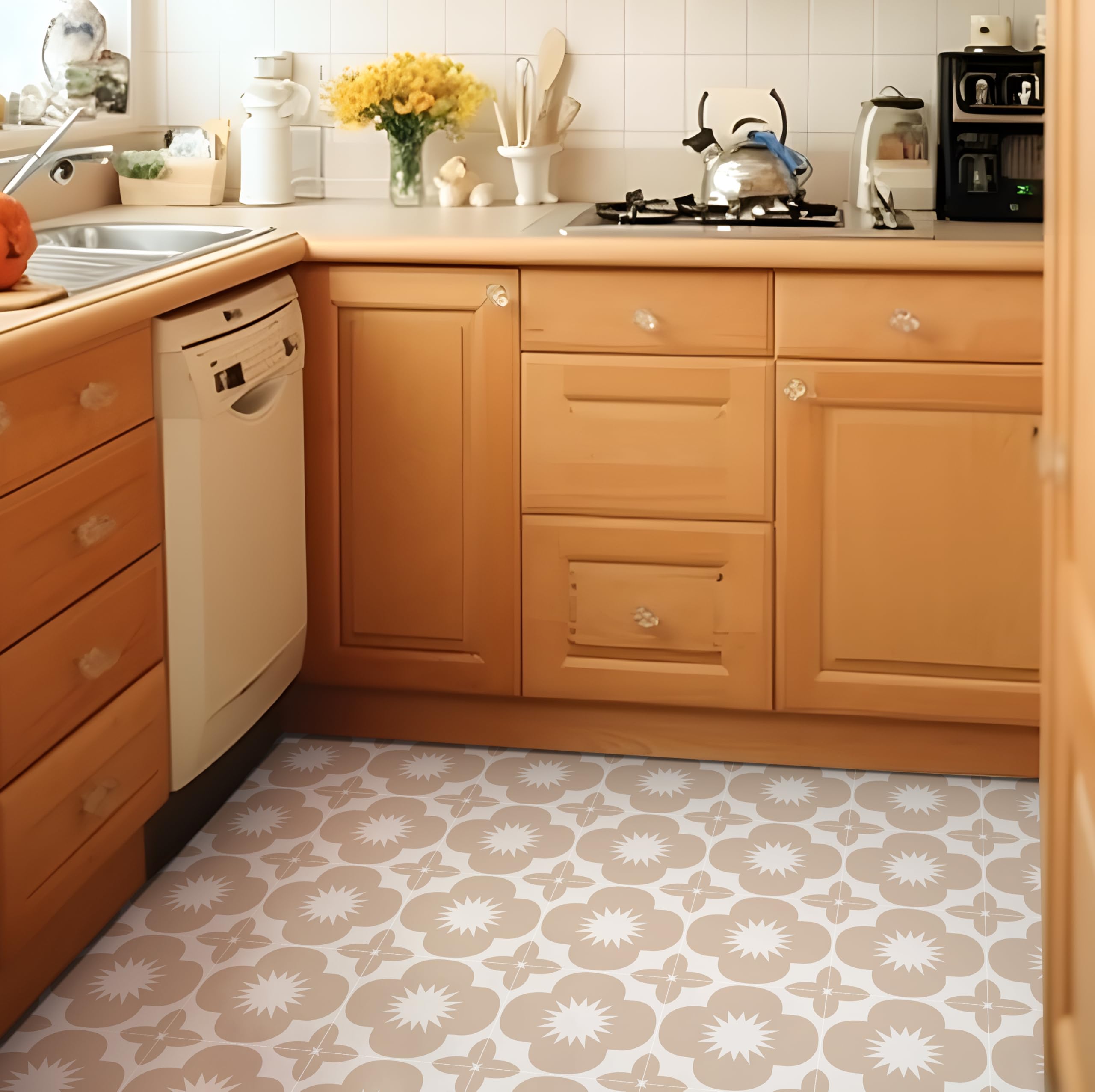 Alwayspon Peel and Stick Floor Tiles, 20cm/8inch×20Sheet Waterproof Removable Non-Slip Vinyl Plank Flooring Tile for Bathroom Kitchen Bedroom, Renter Friendly Floor Decor DIY, Beige Floral