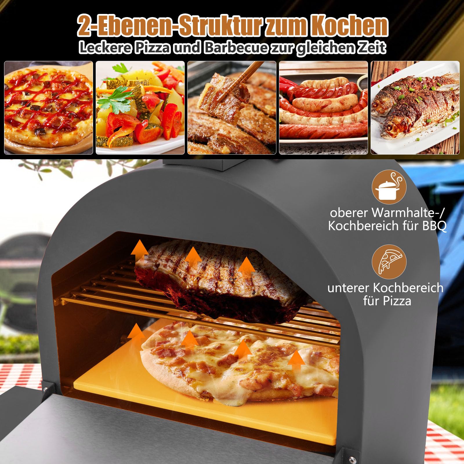 GOPLUS Piec do pizzy, outdoorowy piec do pizzy z kamieniem do pizzy 31 cm, łopatka do pizzy, ruszt do grillowania, termometr i pokrowiec ochronny, wolnostojący piec do pizzy z 2 bocznymi stołami, na