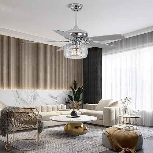 Miniatura 4 de Ventilador de techo de cristal de 52 pulgadas con luces, lámpara de araña moderna, pantalla de cristal, ventilador de techo con aspas de madera, 3
