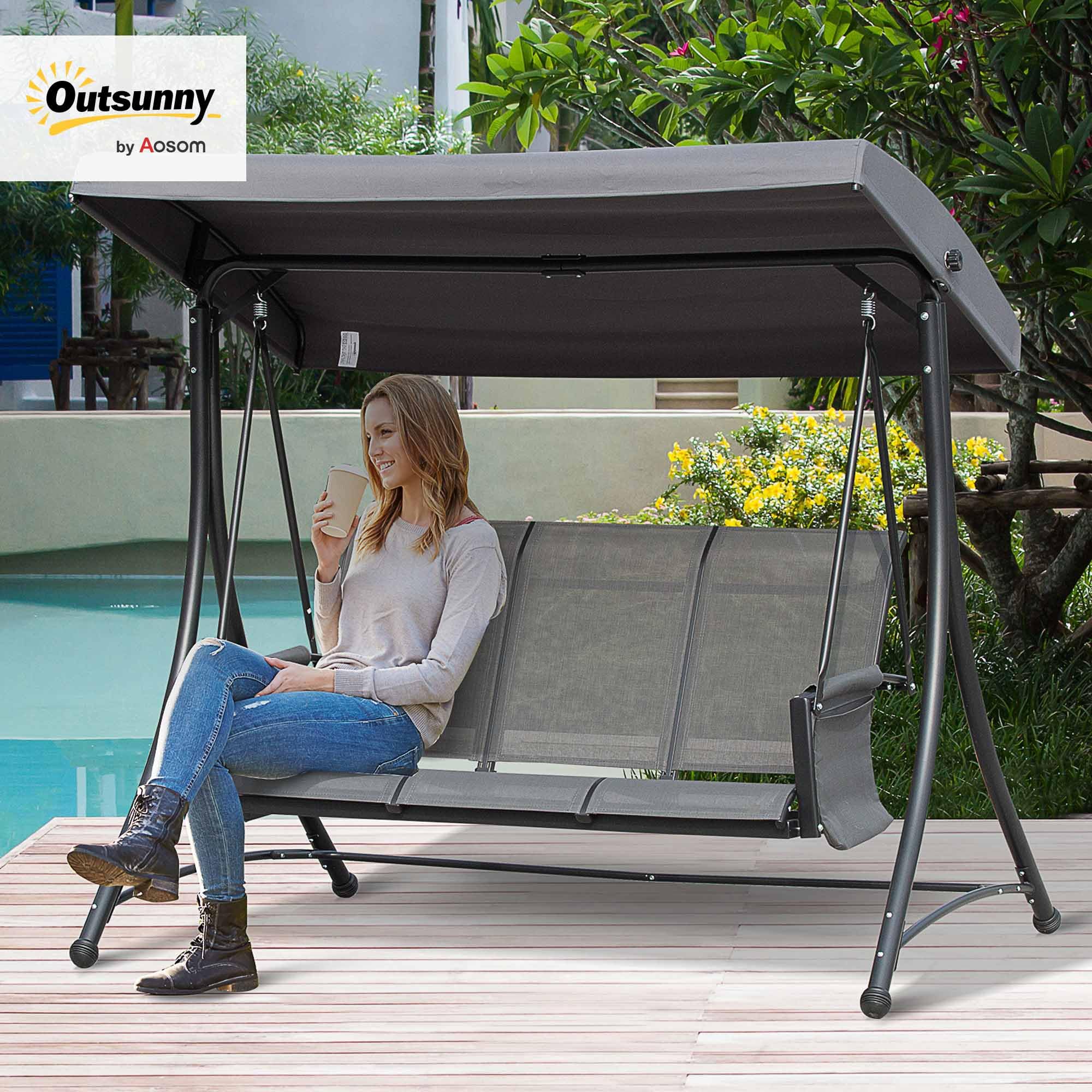 Outsunny Hollywoodschaukel mit Seitentasche, 3-Sitzer Gartenschaukel mit verstellbarem Sonnendach, Schaukelbank belast bis 300kg, für Garten, Terrasse, 196 x 128 x 172 cm, Dunkelgrau