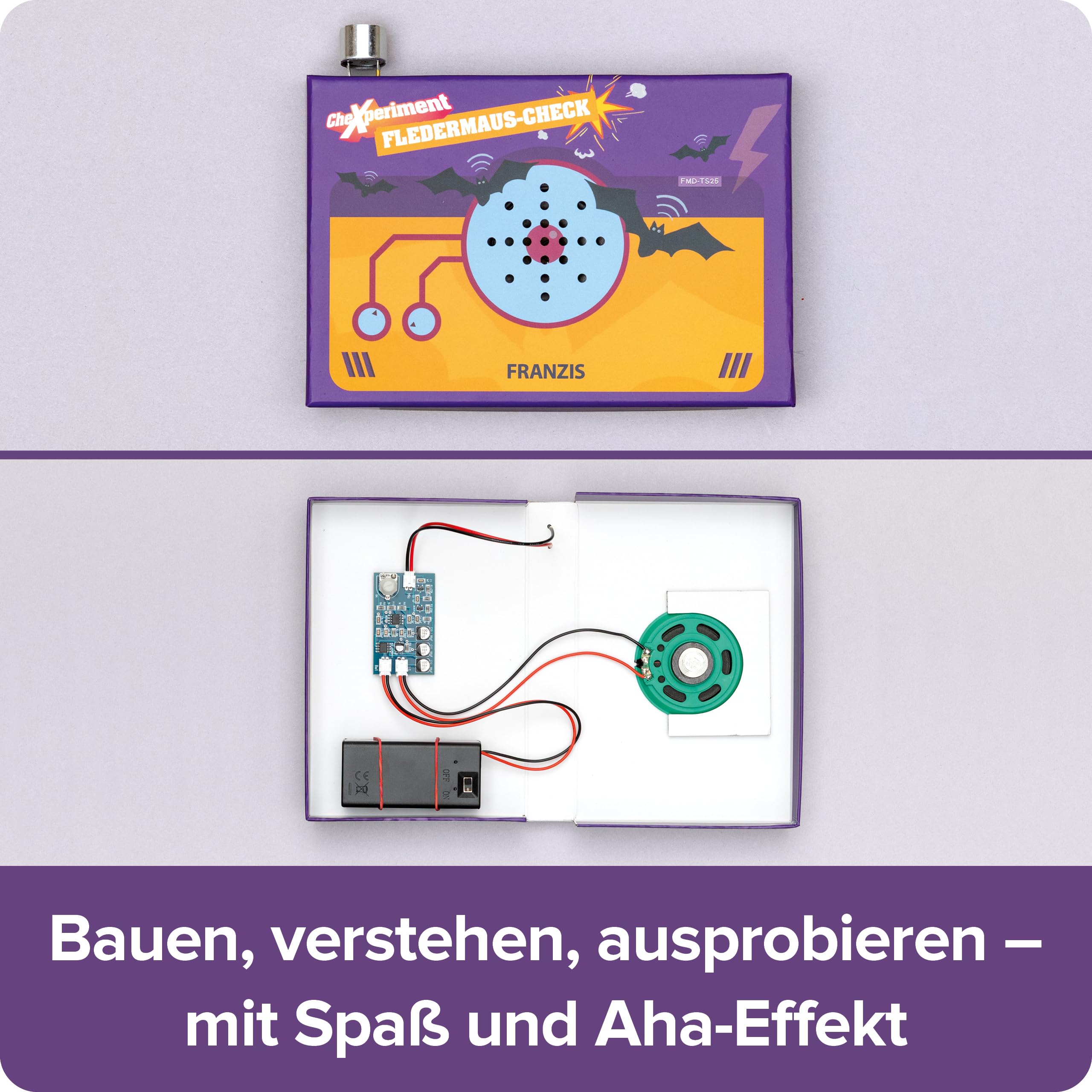 FRANZIS 67248 - CheXperiment Fledermaus Check, Baue mit Checker Tobi deinen eigenen Fledermausdetektor! Set mit Gehäusebox, Lautsprecher, Ultraschallsensor, Anleitung und weiterem Zubehör, ab 8 Jahren