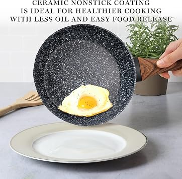 wellhouse 3PCS Non Stick Frying Pan Set Saute Fry Pan Granite Skillet Egg Omelette Pans Heat-Resistant Handle Nonstick Pots and Pans Cookware Set with Wood Detachable Handle
