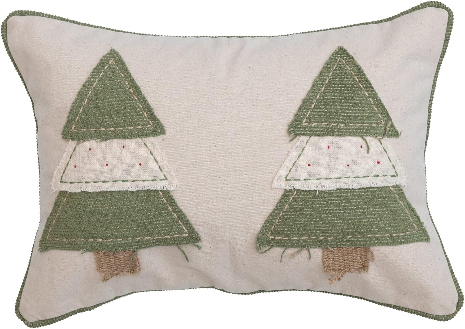Creative Co-Op 20' L x 14' H Cotton Lumbar Pillow w/Appliqued Trees, Green & Cream Color