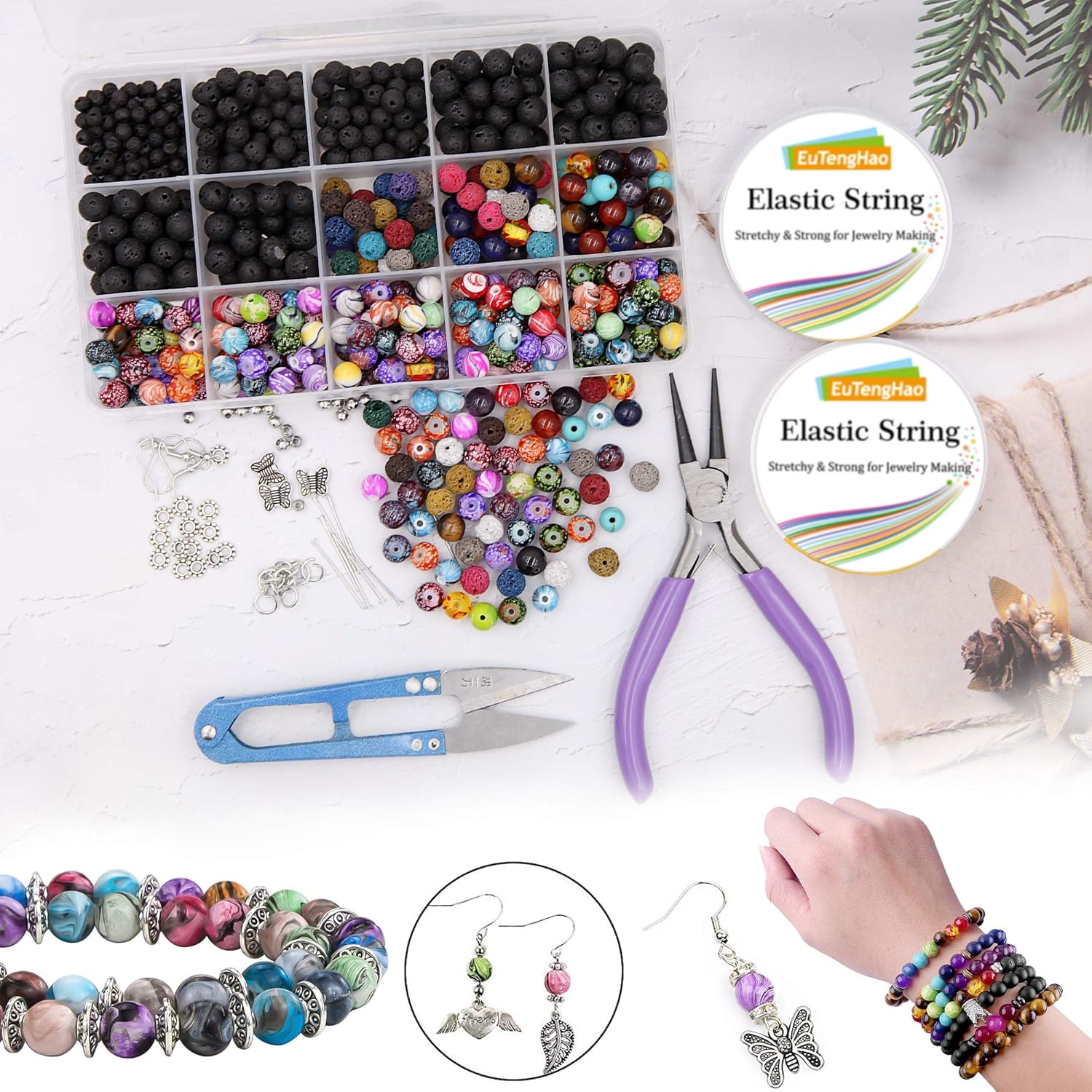 EuTengHao 846Pcs Lava Stone Beads Rock Loose Beads Cloisonne Beads Kit with Ink Patterns Chakra Beads Spacer Pendants Beads for Diffuser Essential Oils Adult DIY Bracelet Jewelry Making Supplies - Image 6