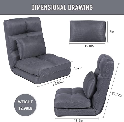 Miniatura 3 de Sofá chaise lounge para interiores, silla de piso con respaldo para adultos, silla reclinable de ajuste de 14 ángulos, tumbona plegable con almohada