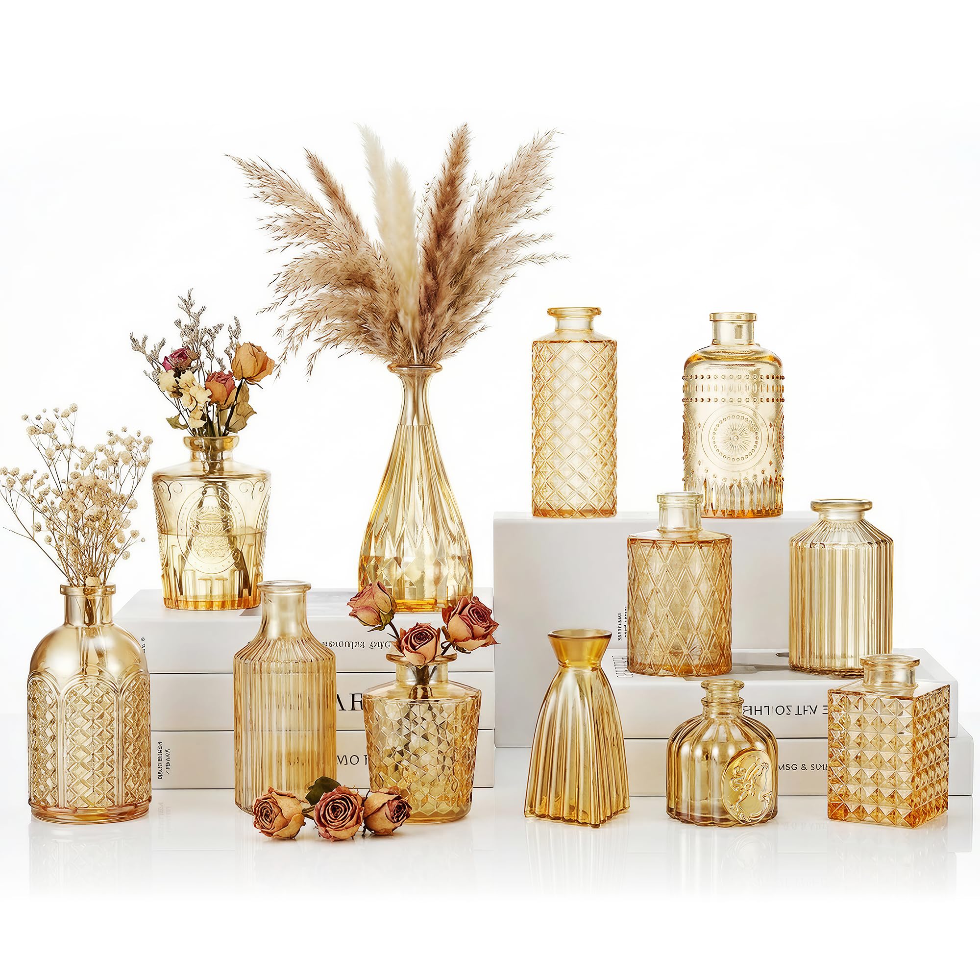 Photo 1 of 12 Pcs Clear Bud Vases Set, Small Vintage Glass Clear Bud Flower Vases Bulk Multiple Shape Cute Mini Glass Bottles Vases for Rustic Wedding Centerpieces Table Decorations and Home Decor (12, Gold)