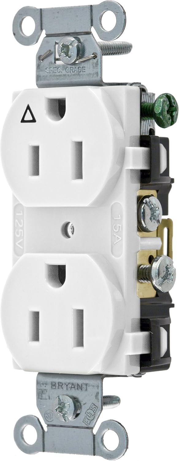 Bryant Electric CR15IGRY NEMA 5-15R 15 Amp 125V Commercial Specification Grade Isolated Ground Straight Blade Duplex Receptacle with 2-Pole and 3-Wire Grounding, Gray