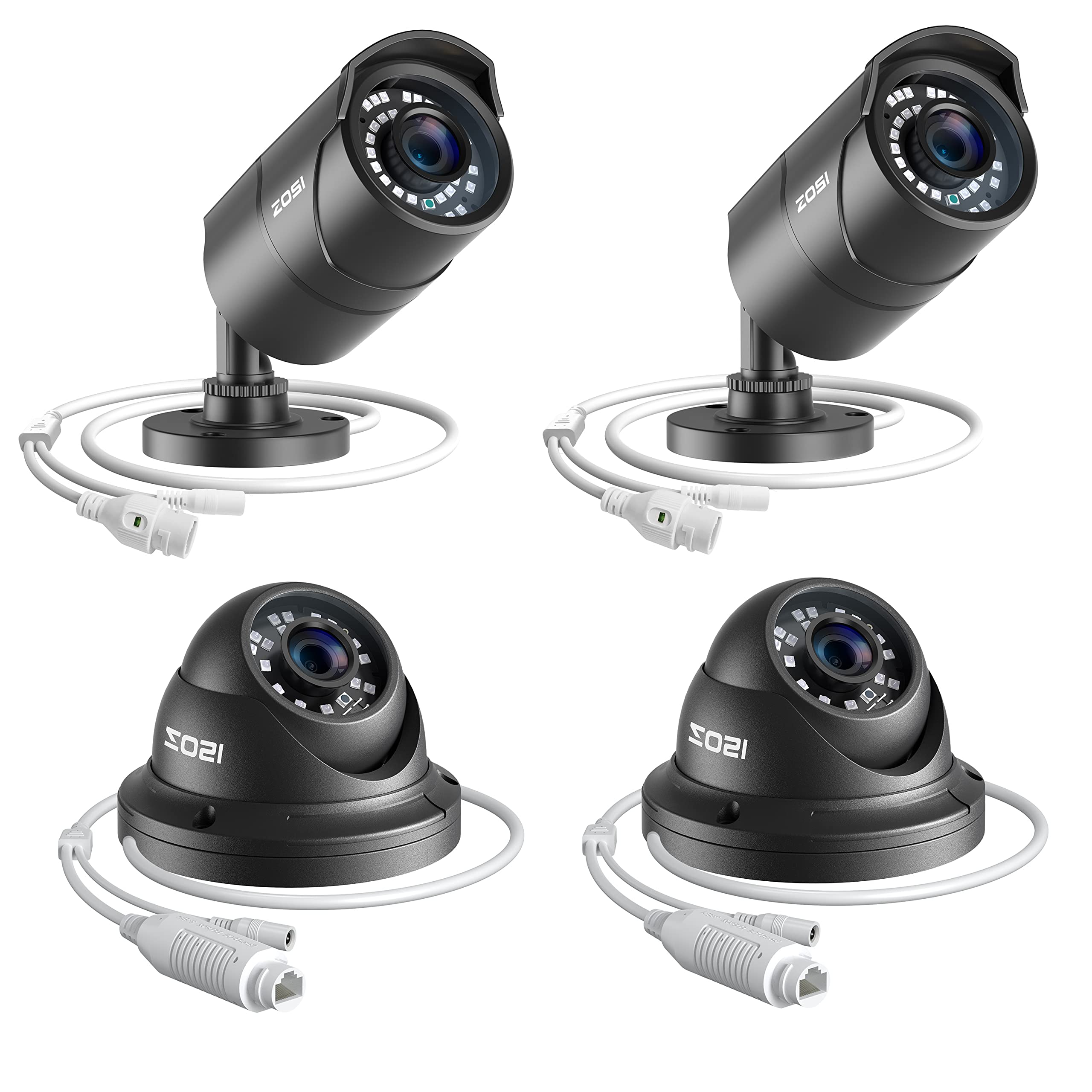 ZOSI 4Pack 5MP 2K Security Bullet Dome POE Camera, 160ft Night Vision, 3.6mm Lens, 110°View Angle, IP66 Weatherproof Indoor Outdoor IP Camera 1920p (Only Work PoE NVR)