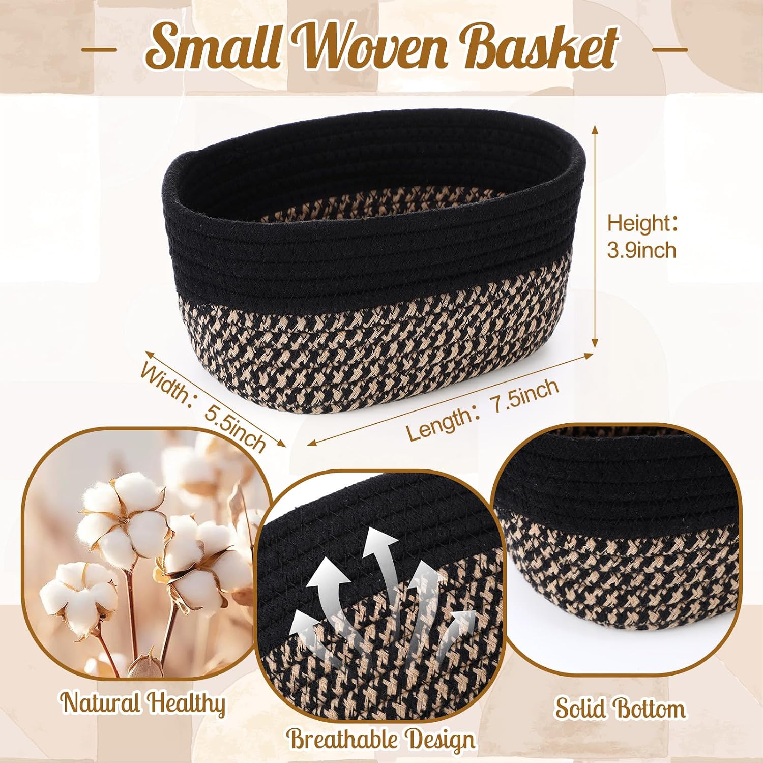10 Pack Small Woven Baskets for Storage, Cotton Rope Decorative Organizer Storage Bins for Shelves, Closet, Nursery, Bathroom, 7.5"x5.5"x3.9" Tiny Boho Empty Gift Baskets (Linen, Black)