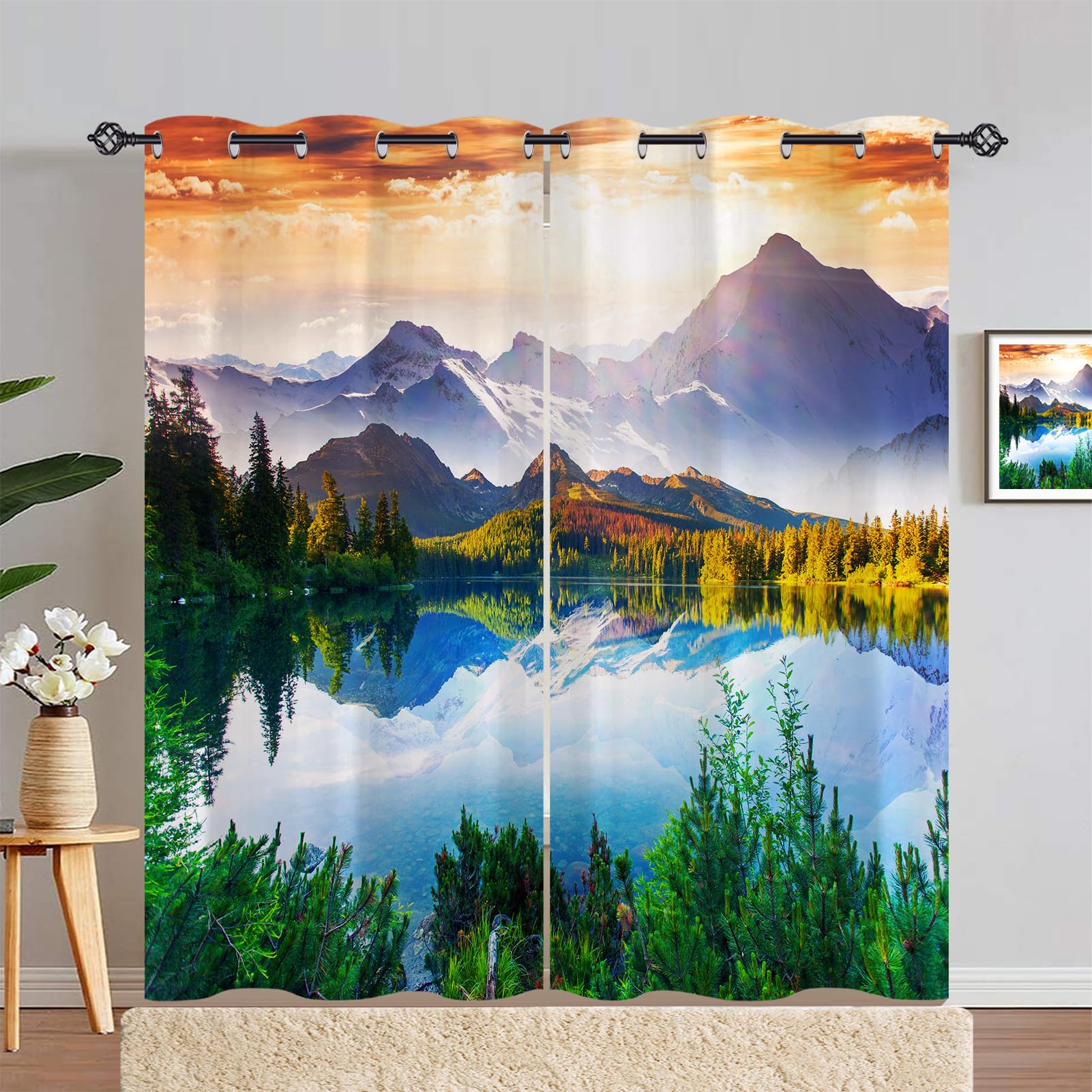 ANHOPE Landscape Curtains Eyelet 80% Blackout Room Darkening Curtains with Nature Forest Lake Mountain Print Pattern Thermal Insulated Window Drapes for Bedroom Living Room 55 x 84 Inch Drop 2 Panels โ image 1