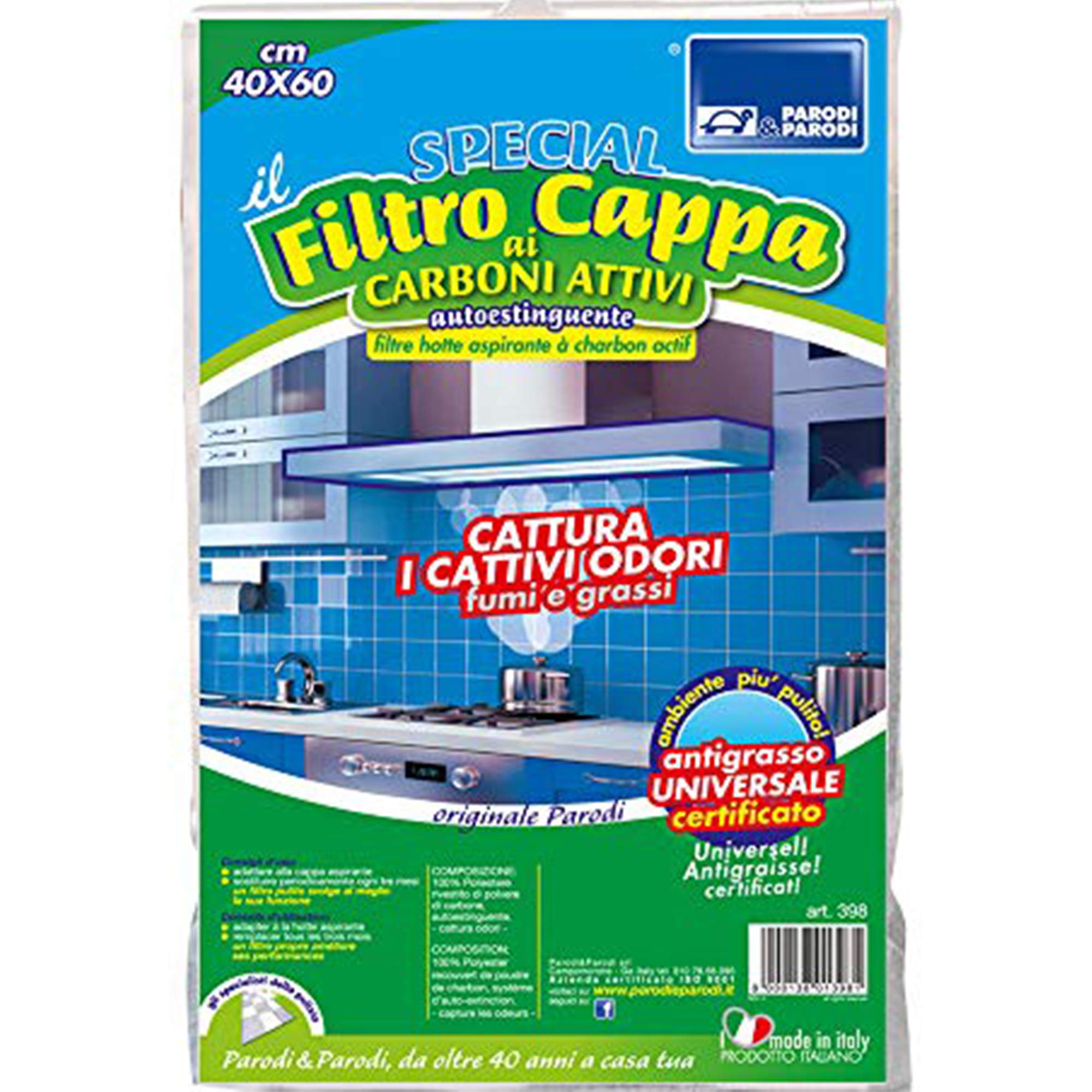 Parodi & Parodi Cooker Hood Filter Self-Extinguishing Waste Paper Basket with Activated Carbon Filter 40 x 60 cm for Kitchen Art. 398