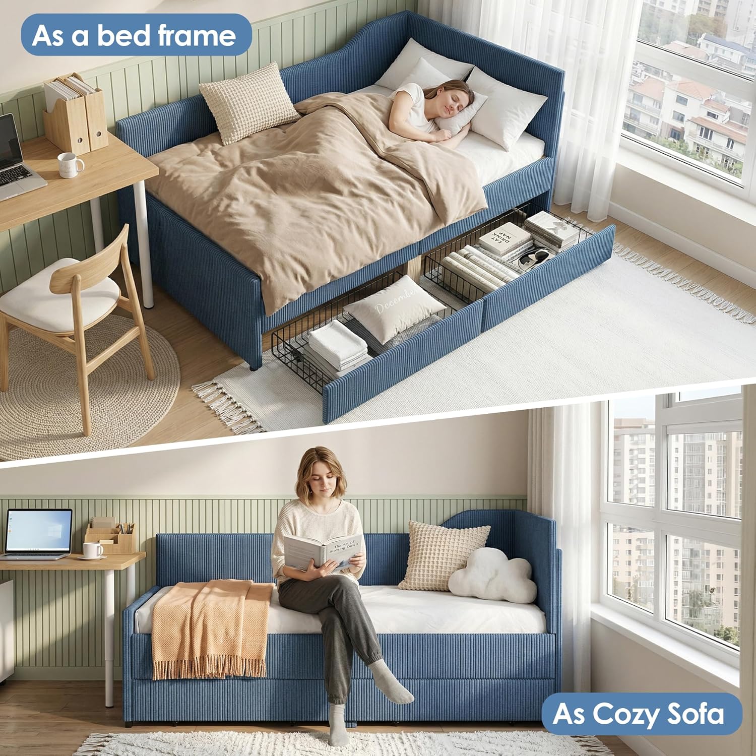 Twin Size Daybed L-Shaped, Modern Corduroy Upholstered Sofa Day Bed Frame with Storage Drawers for Living Room Bedroom Guest Room, No Box Spring Needed (Blue)