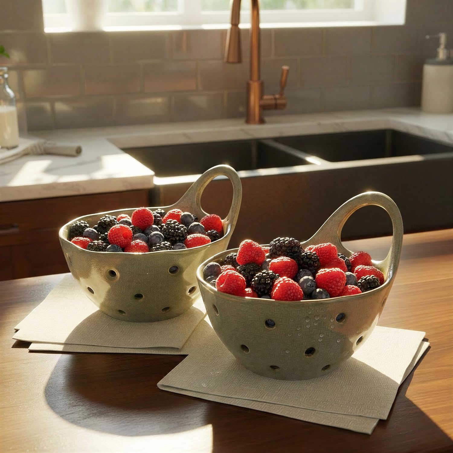 Creative Co-Op Set of 2 Green Reactive Glaze Stoneware Colanders