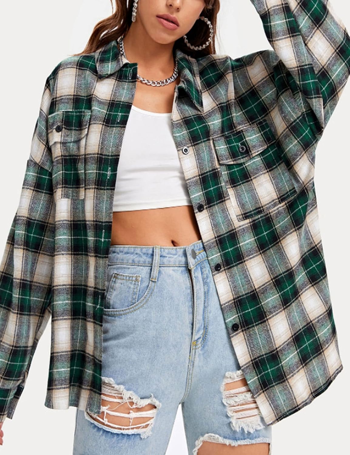 Zontroldy Plaid Flannel Shirts for Women Oversized Long Sleeve Button Down Buffalo Plaid Shirt Blouse Tops - Image 2