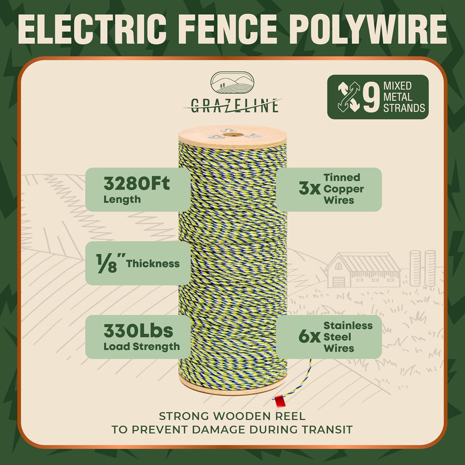 9-Strand Electric Fence Polywire 3280 ft, Tinned Copper & Stainless Steel, 0.3 Ohm Low Resistance Hot Wire for Rotational Grazing & Pasture Electric Fencing for Horses, Cattle & Livestock