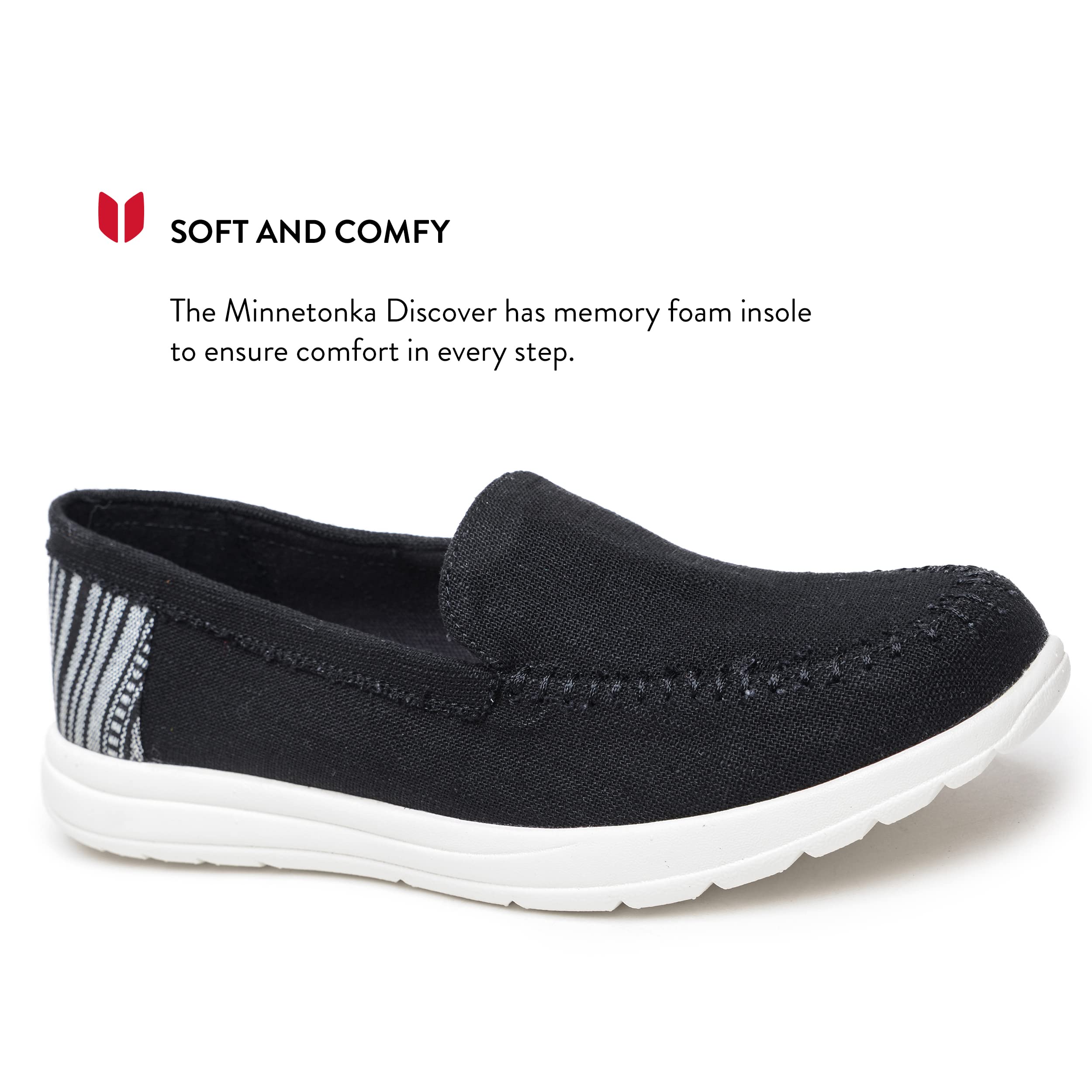 Minnetonka Discover - Zapatillas tejidas para mujer con parte superior de tela, plantilla de espuma viscoelástica, diseño fácil de llevar y suela de goma EVA, perfectas para uso diario casual