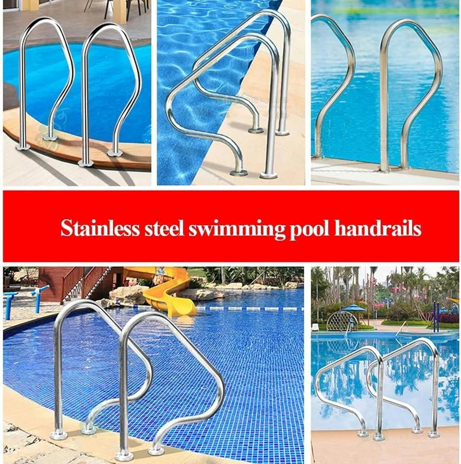 PooHand Rail, Pasamanos De Fácil Montaje 304 Stainless Steel Swimming Pool Handrails, 3-Bends Safety Rails for Inground Pools Entrances~/