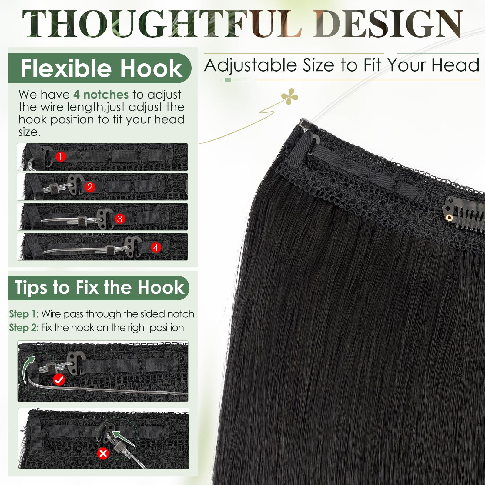 Elailite Invisible Wire Hair Extensions Real Human Hair Black Clip In One Piece Secret Wire Extension Band Straight Thick - Image 4