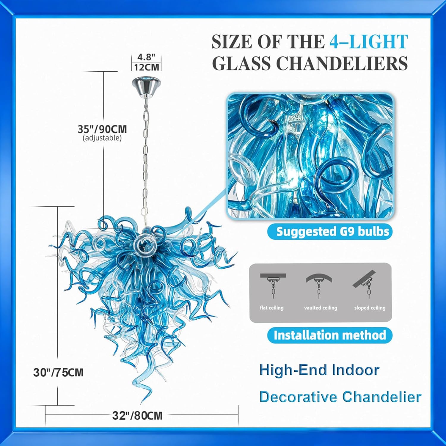 Blue Prism Chandelier, Hand Blown Glass Ceiling Light, Blue & Clear Glass Semi-Flush Mount Pendant Lighting, 3-Color LED Bulbs Included for Dining Room, Entryway, Foyer (32” W x 30” H)