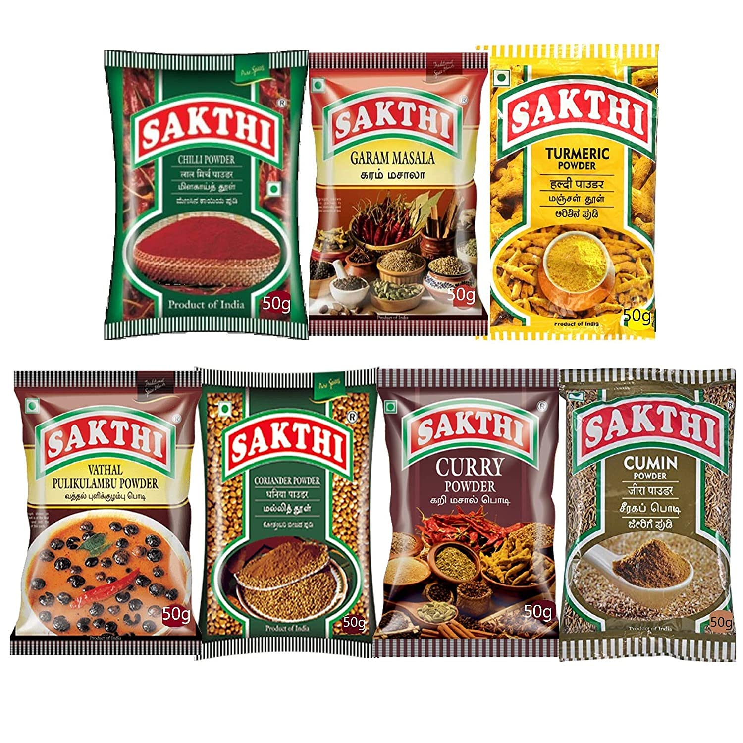 Sakthi Veg Combo 7 Varieties Chilli, Coriander, Cumin, Curry Powder, Garam Masala, Turmeric