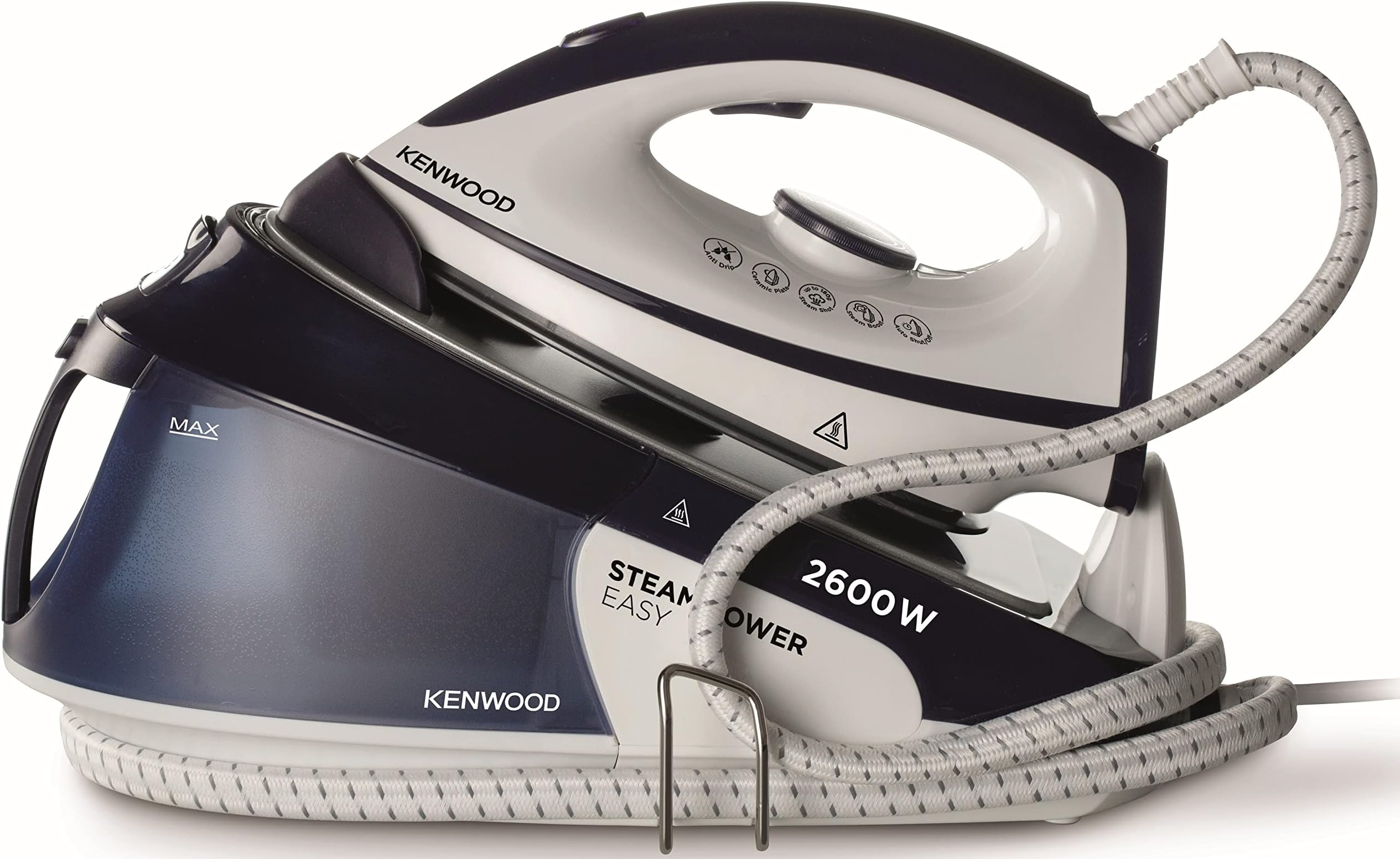 KENWOOD Steam Iron Steam Station 2600W with 1.8L Water Tank Capacity, Ceramic Soleplate, 180g Steam Shot, Anti Drip, Auto Shut Off, Self Clean Function SSP20.000WB White/Blue