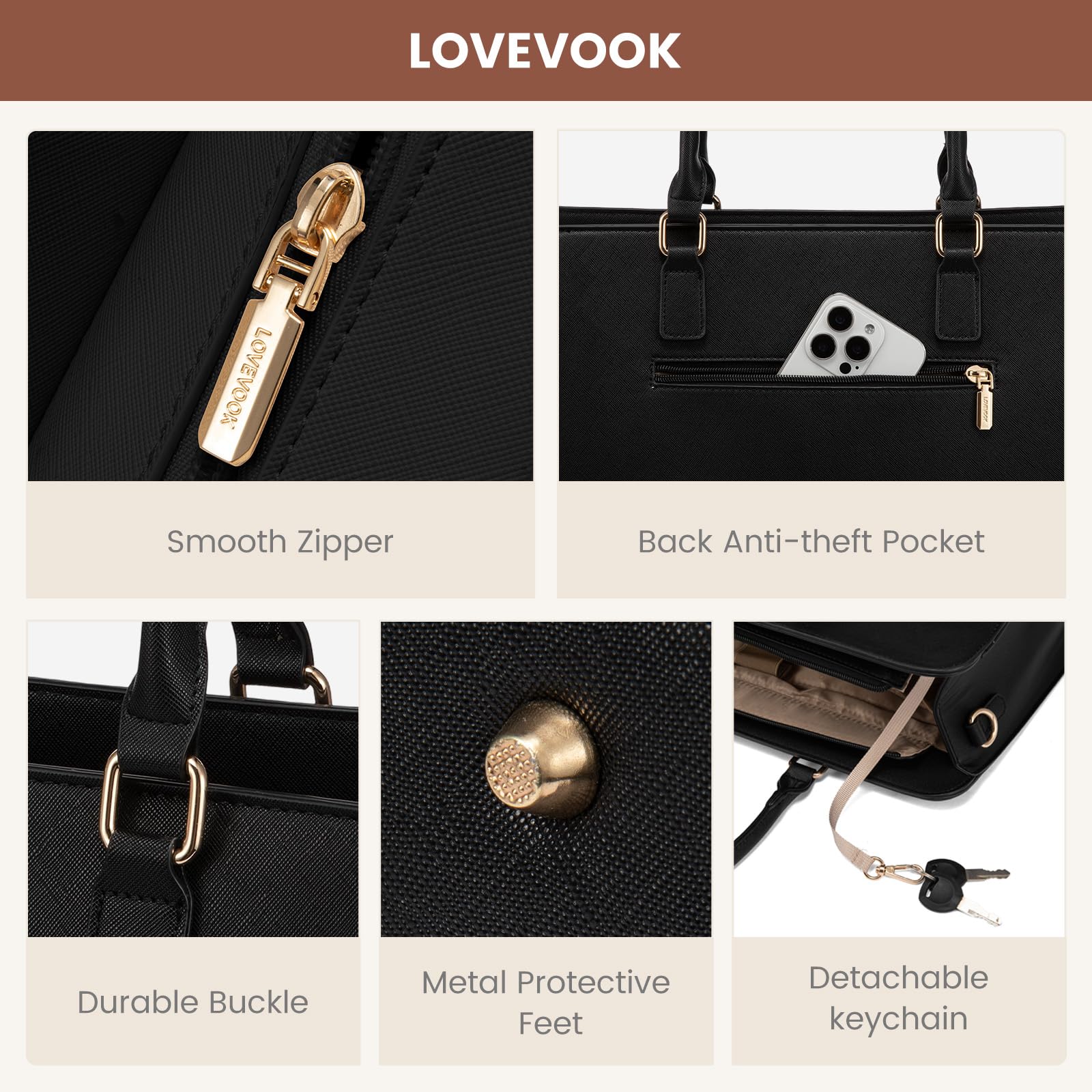 LOVEVOOK Borsa per computer portatile da donna, grande, in pelle sintetica, 2 in 1, a tracolla, elegante, da lavoro, per ufficio, lavoro