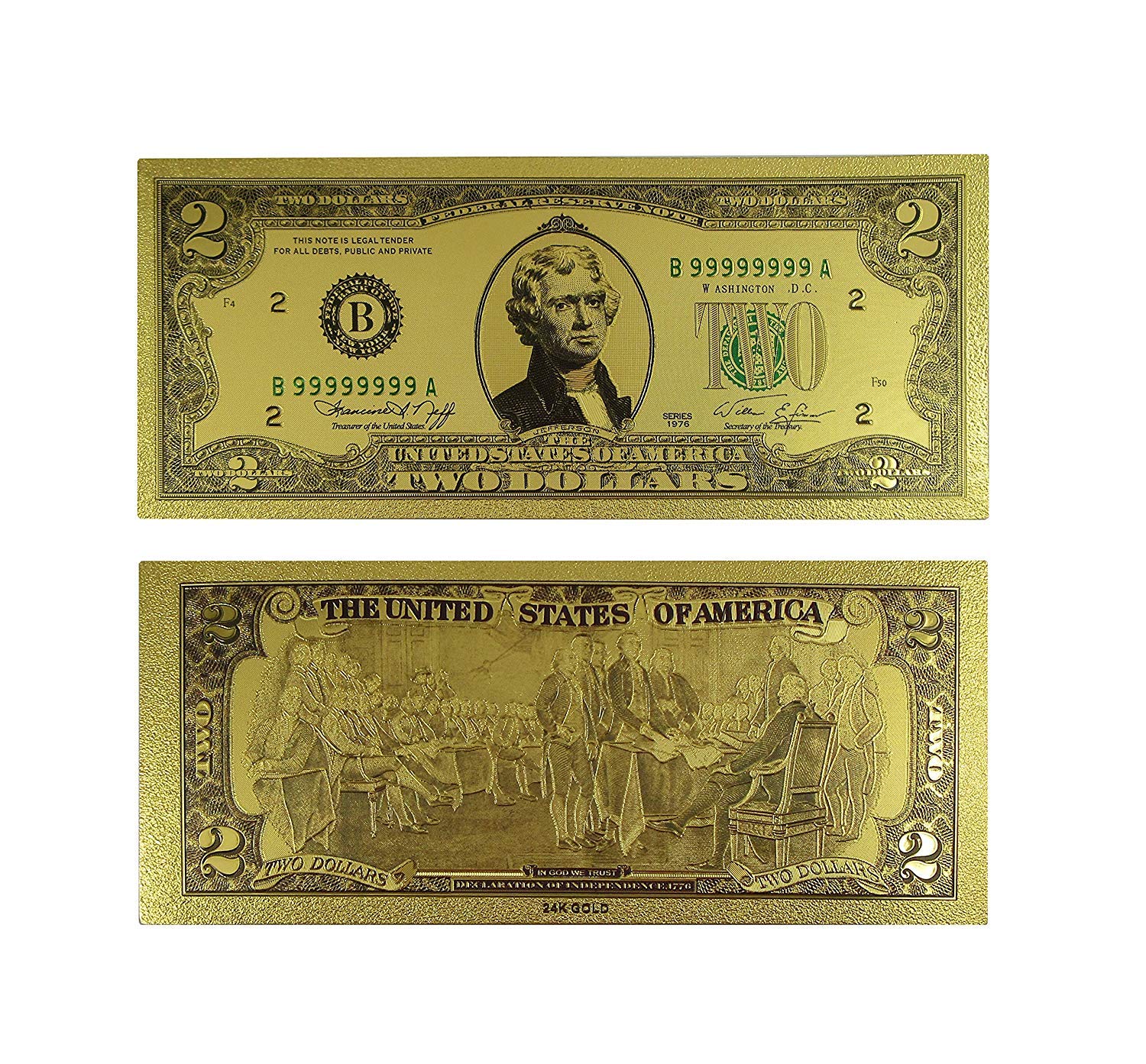 $2 USD Fake Replica banknotes, 24K Gold foil Polymer Paper Money 1:1 Size 3D Gold Foil Banknote Crafts
