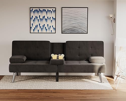 Miniatura 9 de Flamaker Sofá cama futón moderno de piel sintética, sofá futón plegable convertible, sillón reclinable para sala de estar con 2 portavasos con