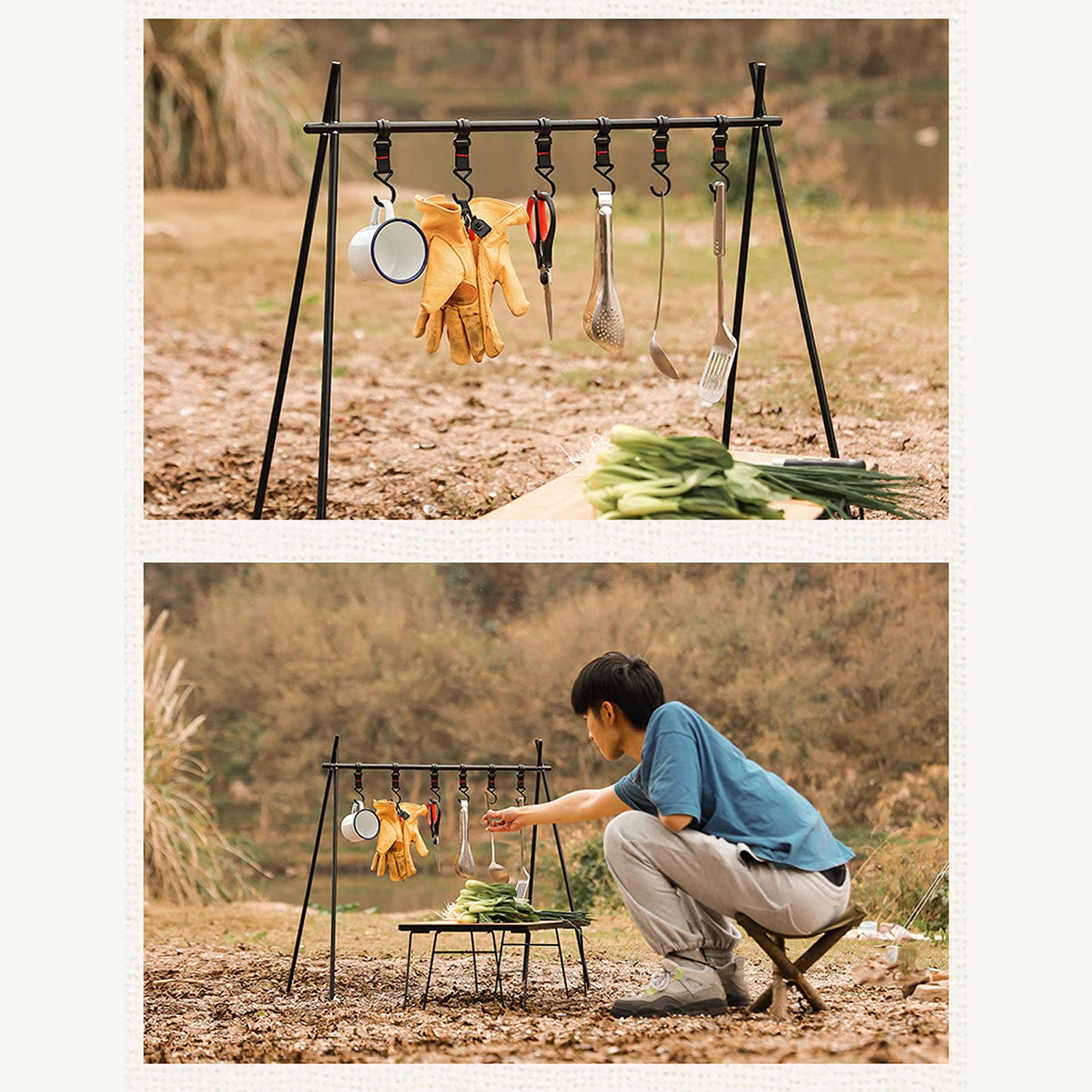 Porte-Objets Suspendu à Structure tripode Noire, étagère Suspendue Pliante avec Sac de Rangement pour Le Camping en Plein air, Les Voyages et Les Pique-niques ; Organisateur de