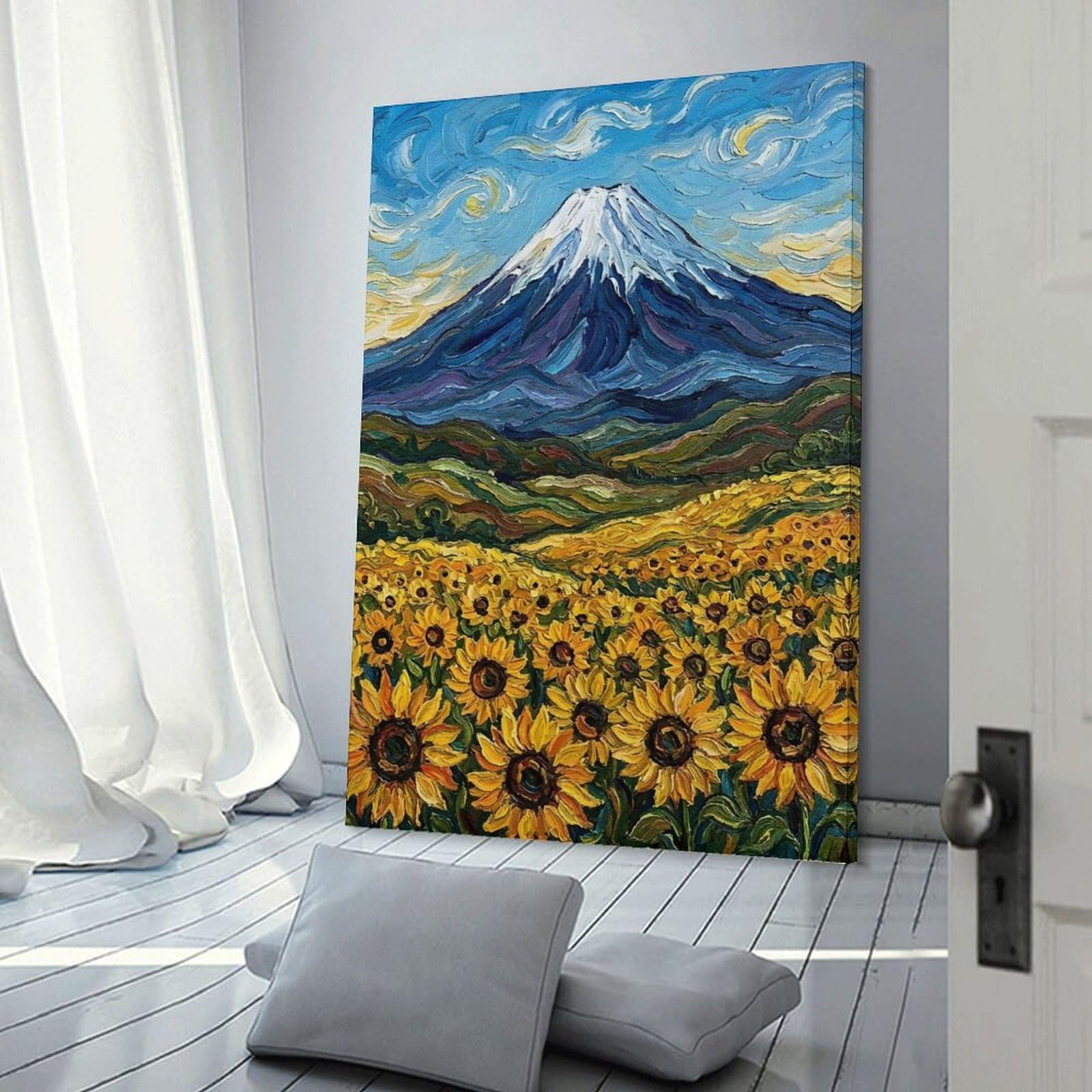 Junmoney Mount Fuji And Sunflowers Painting Room Decor Wall Art 24x36inch(60x90cm), for Bedroom Walls, Guest Spaces Or Lounges, An Easy Wall Refresh for Bedrooms
