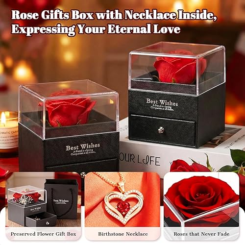 Miniatura 4 de Rosa preservada con collar de piedra natal  Collares personalizados para mujeres, regalos del día de San Valentín para su esposa, novia, aniversario