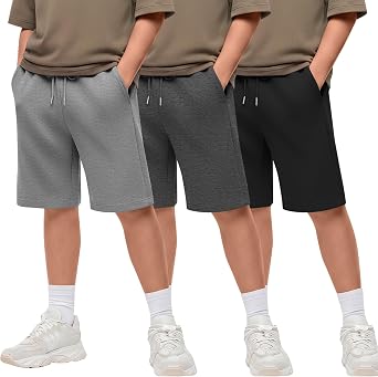3 Pack Boys Shorts, Athletic Casual Sweat Shorts, Baggy Summer Basketball Clothes with Pockets for Kids Ages 6-14