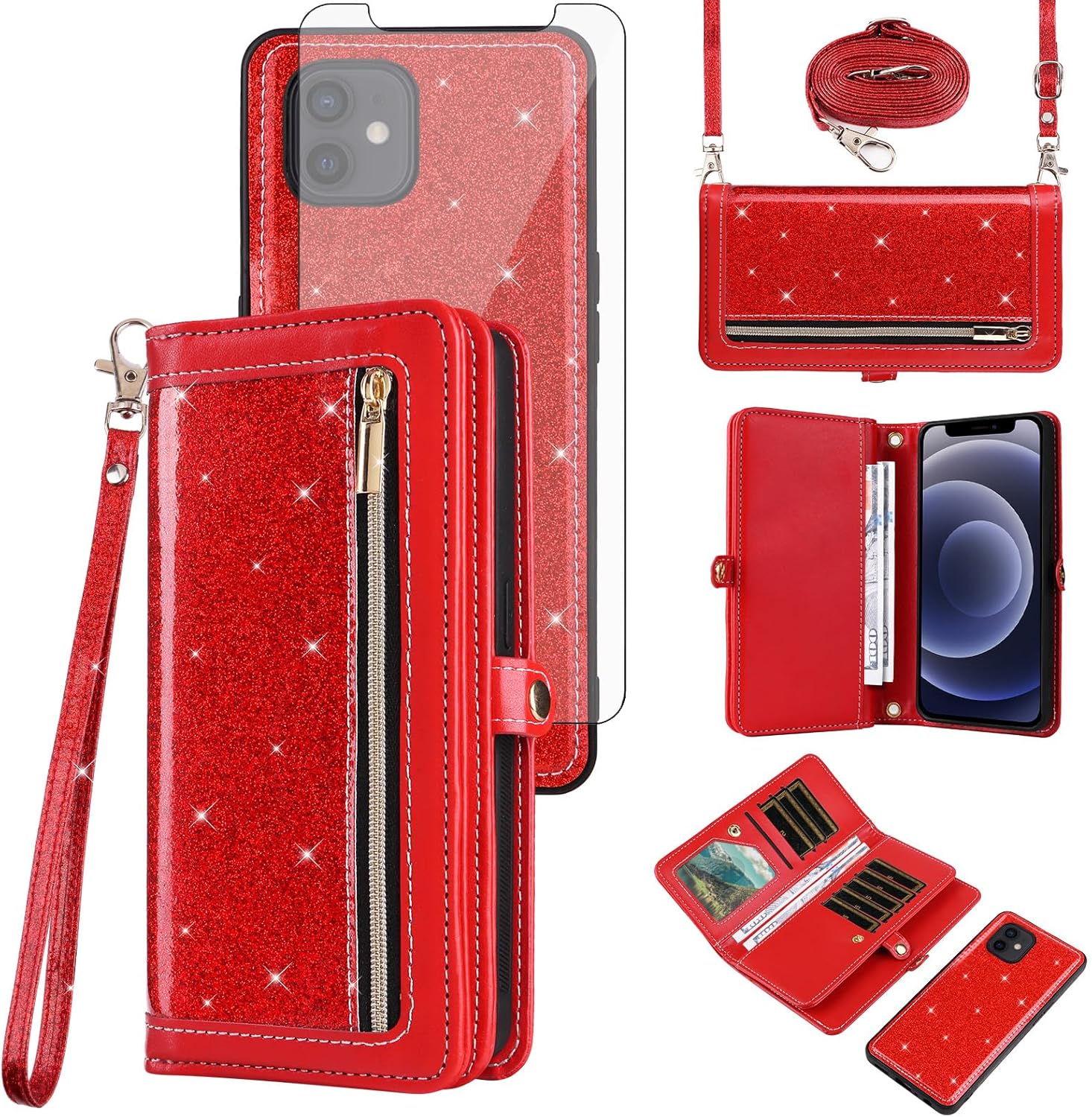 Asuwish Phone Case for iPhone 12 Pro iPhone12 6.1 Zipper Wallet Detachable Cell Cover with Screen Protector Strap Bling Glitter Flip Card Holder Slot iPhone12pro 5G i 12s 12pro Women Men Girls Red