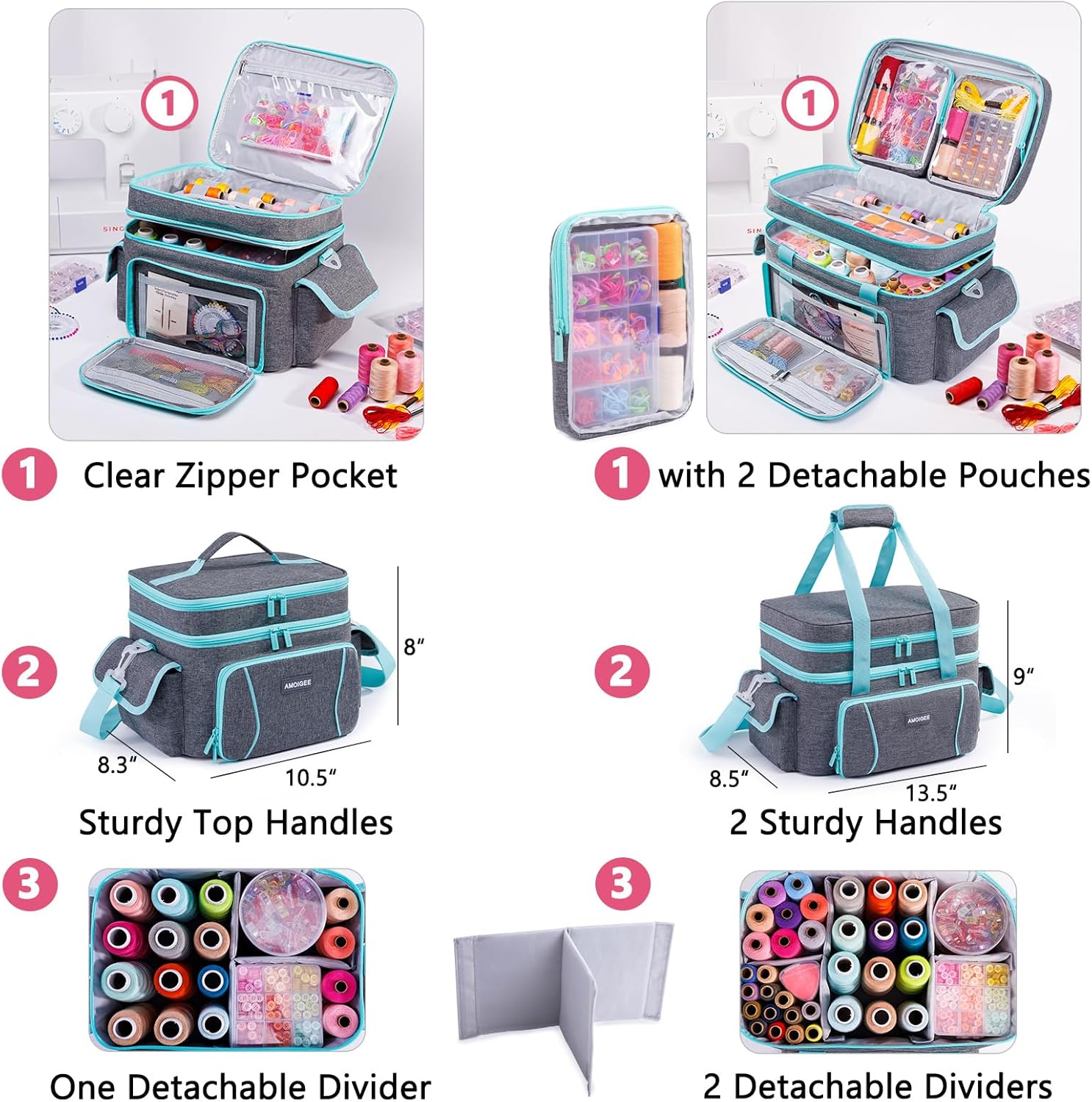 AMOIGEE Double-Layer Sewing Storage Bag – Sturdy Sewing Organizer Tote with Shoulder Strap, Elastic Loops & Adjustable Dividers for Sewing Supplies, Tools & Accessories – Versatile Sewing Box & Basket